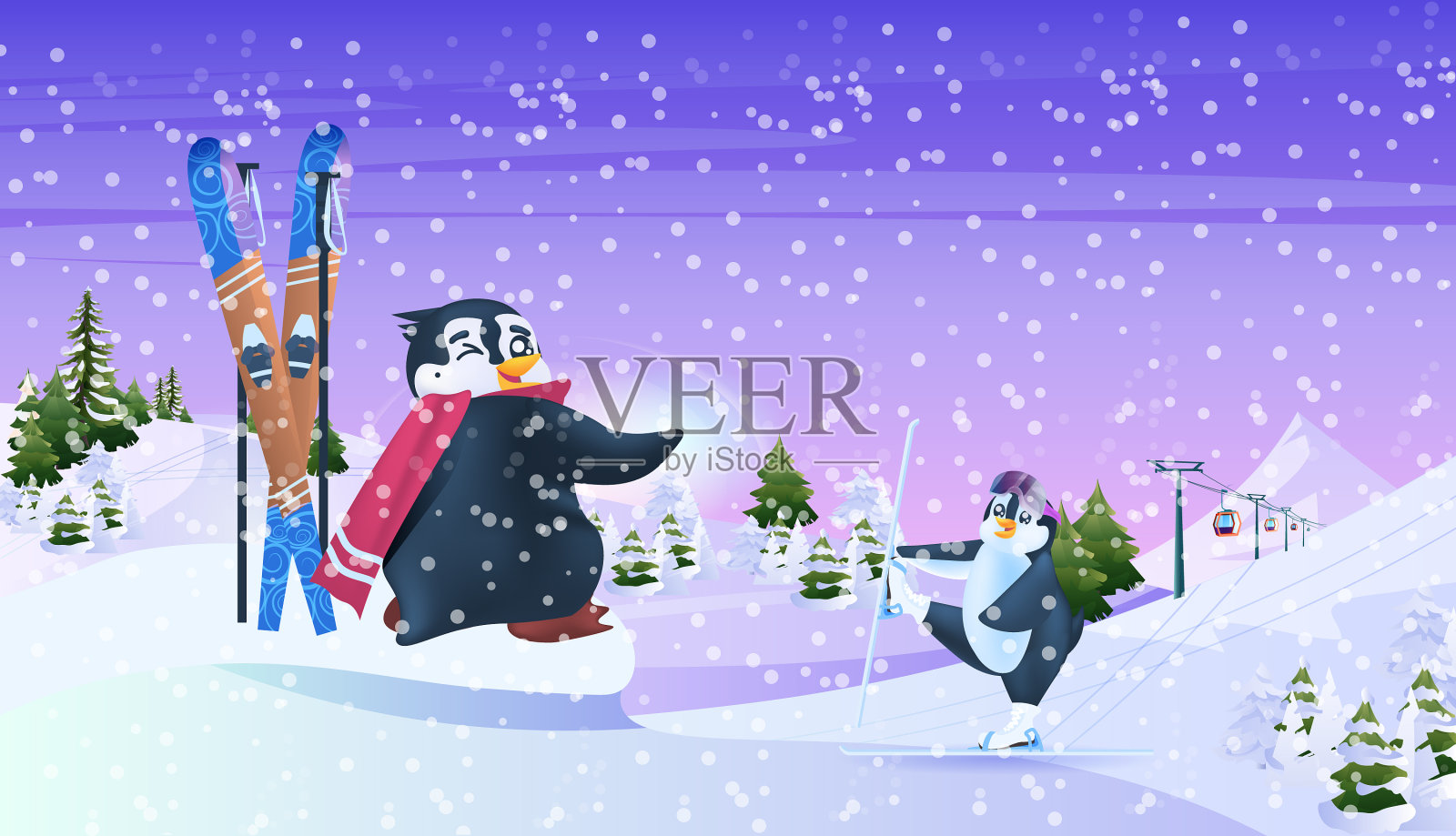可爱的企鹅滑雪滑雪场概念降雪插画图片素材