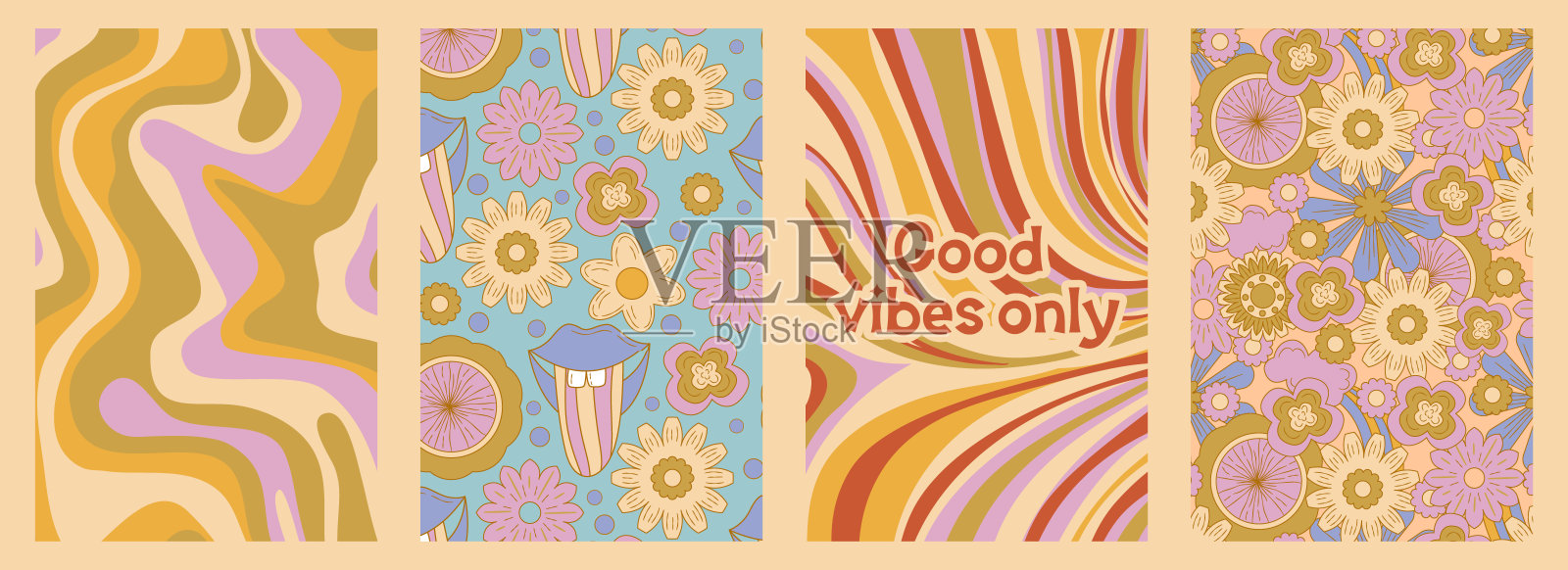 Groovy的海报设置在卡通风格的口号和花雏菊。Groovy花背景。复古60 - 70年代的迷幻设计。抽象的嬉皮士插图。插画图片素材