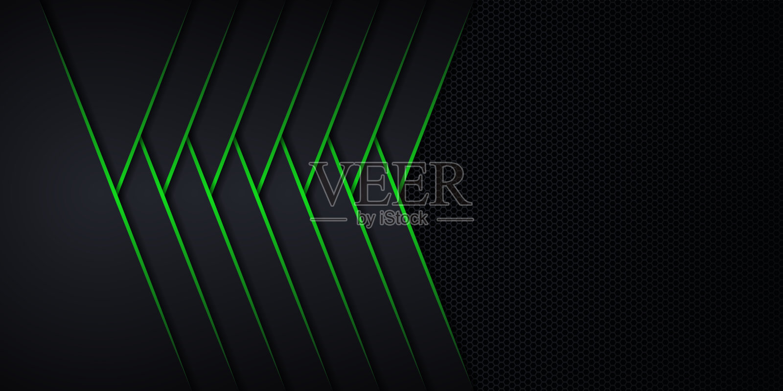 黑色暗室中现代抽象未来主义六边形碳纤维和发光绿色线条科技背景插画图片素材