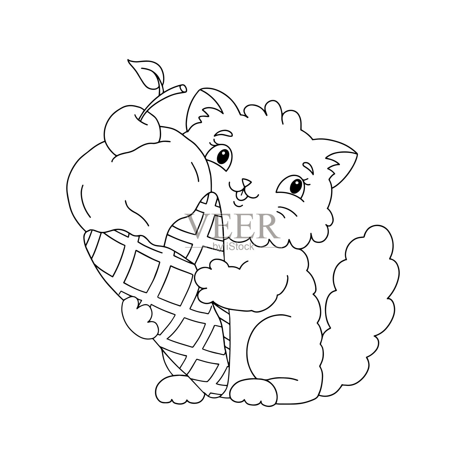 一只可爱的毛茸茸的猫用爪子捧着美味可口的冰淇淋。儿童涂色书页面。卡通风格。矢量插图孤立在白色背景上。插画图片素材