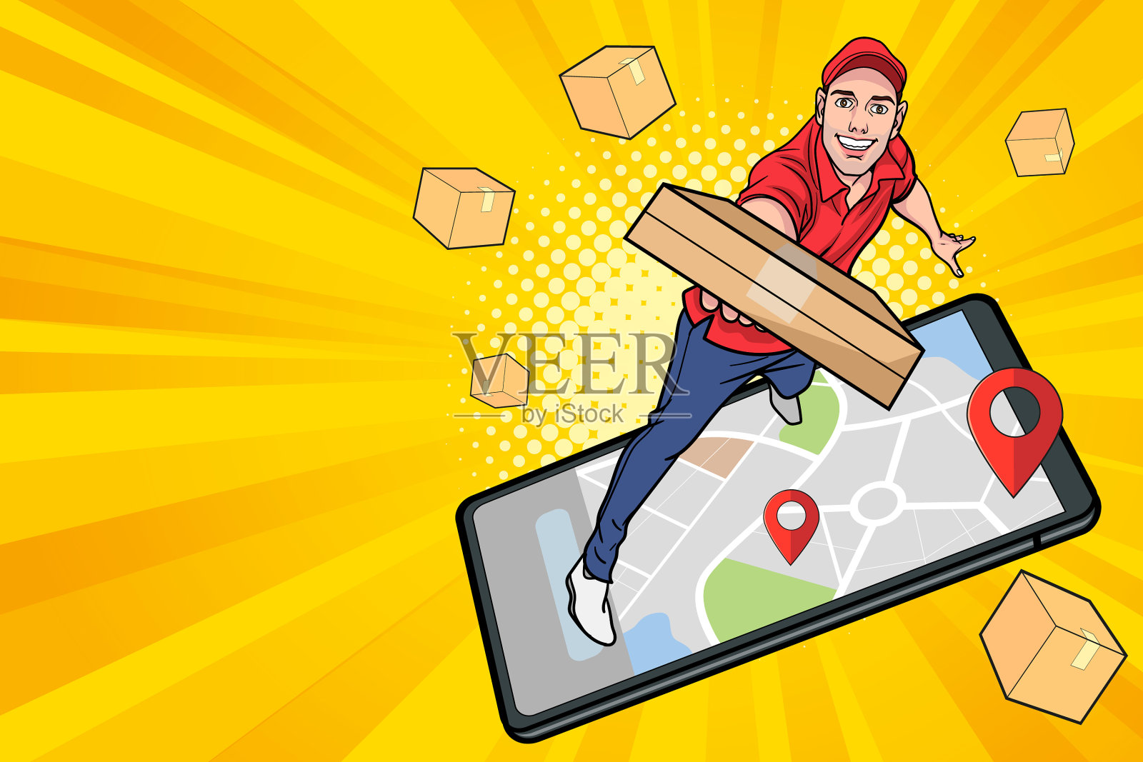 快速送货员员工与包裹从插画图片素材