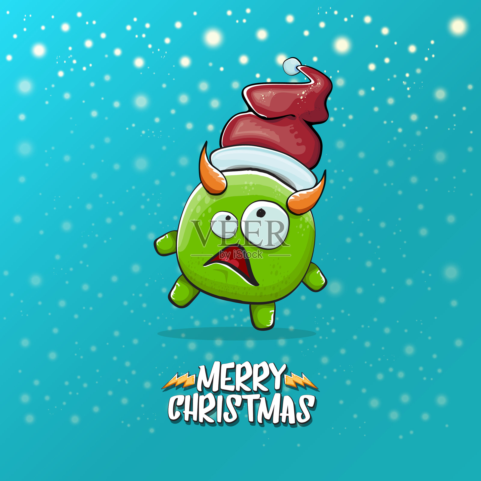 卡通时髦的绿色怪物和圣诞老人插画图片素材