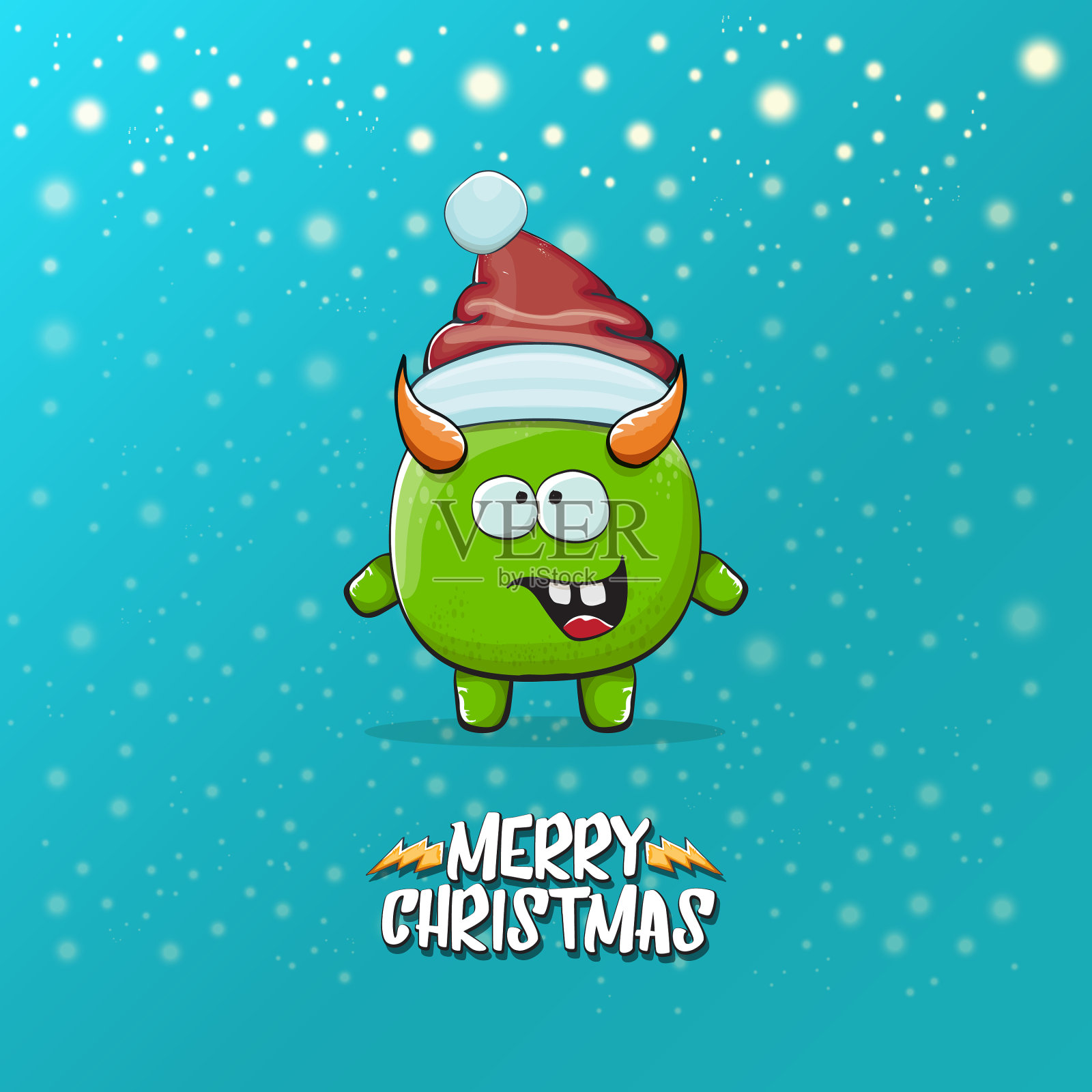 卡通时髦的绿色怪物和圣诞老人插画图片素材