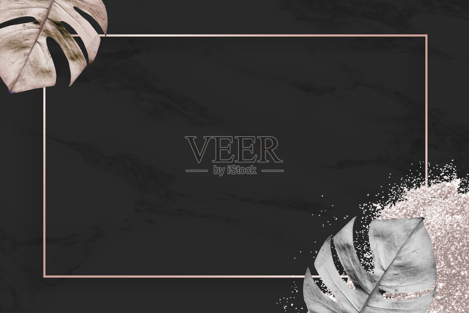 长方形黄金框架与金属monstera叶子插画图片素材