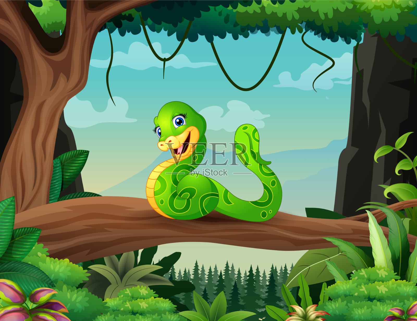卡通绿蛇在树枝上插画图片素材