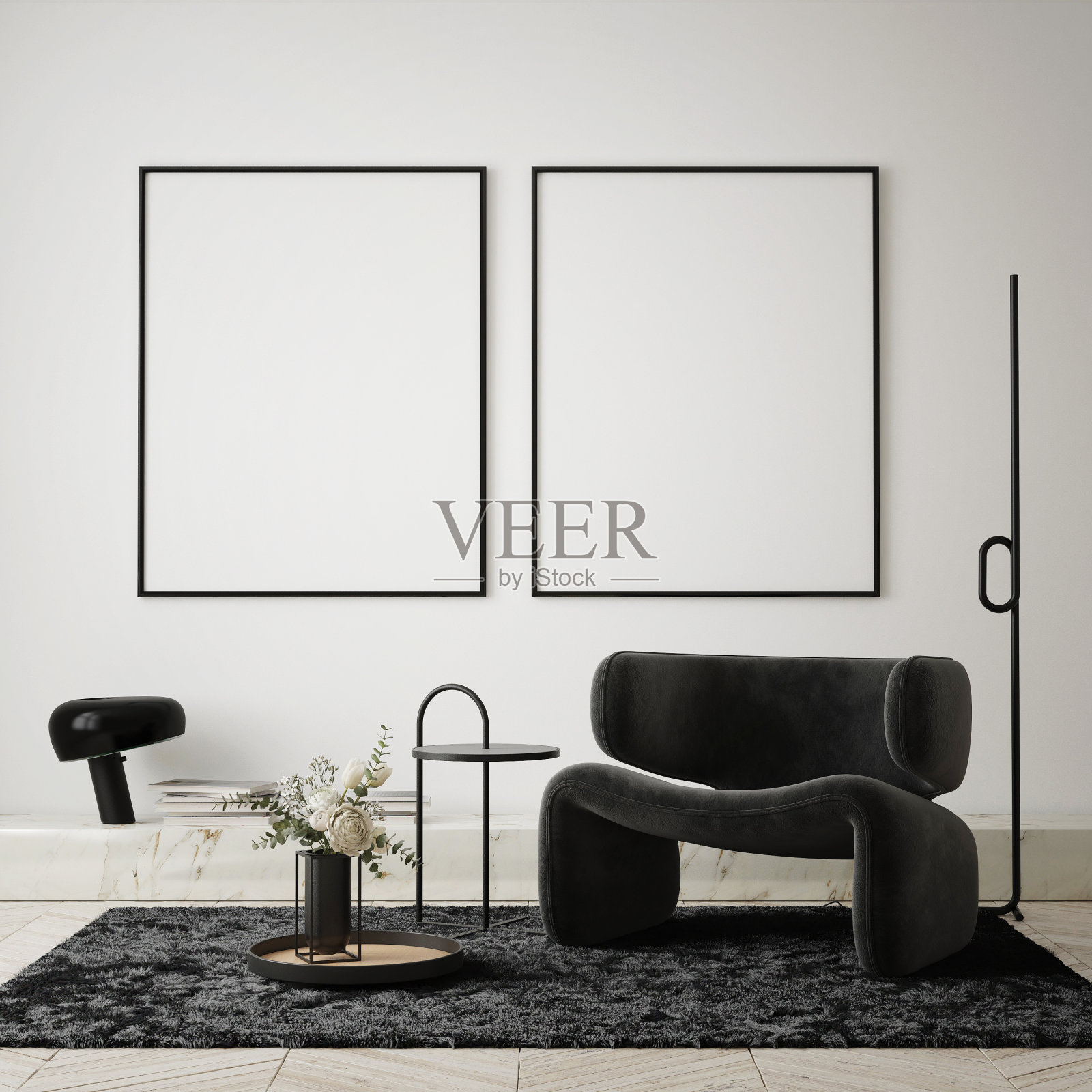 模拟海报框架在现代室内背景，客厅，斯堪的纳维亚风格，3D渲染，3D插图照片摄影图片