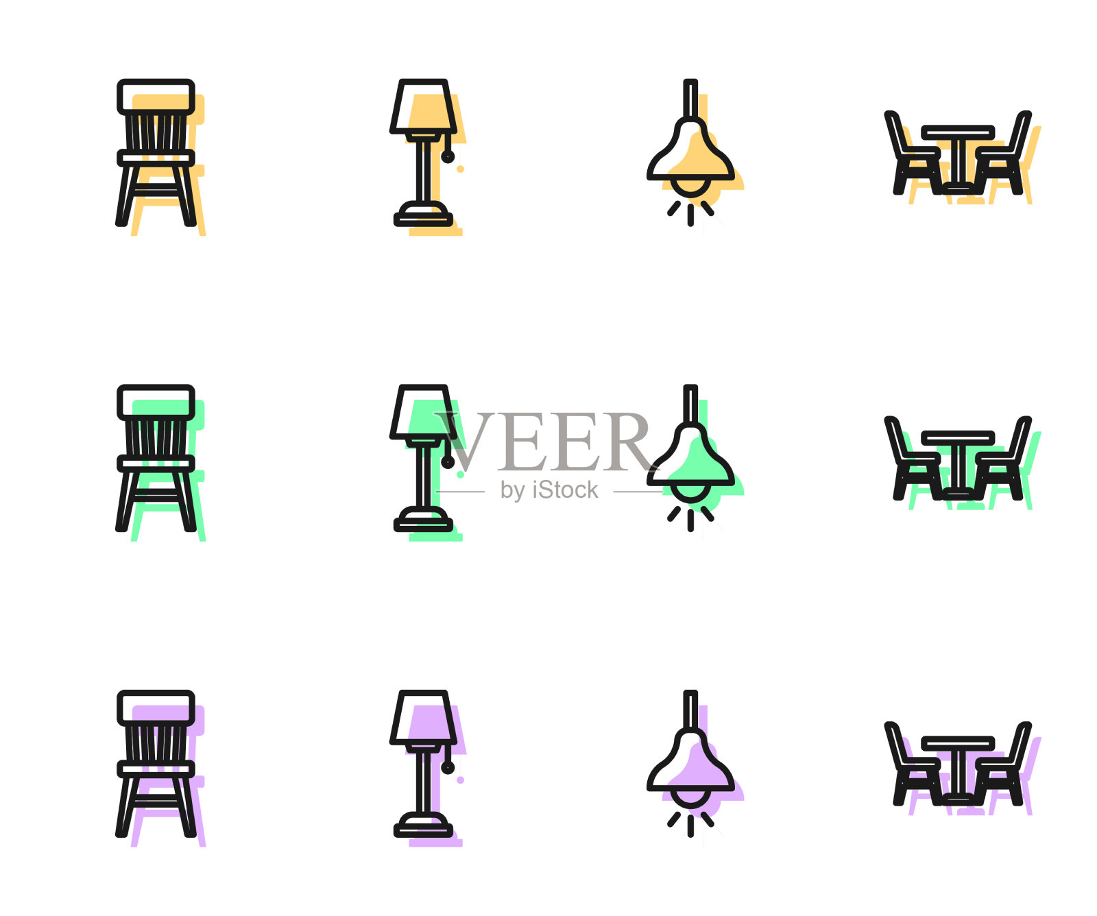 集线灯、吊椅、落地灯和桌子于一体图标素材