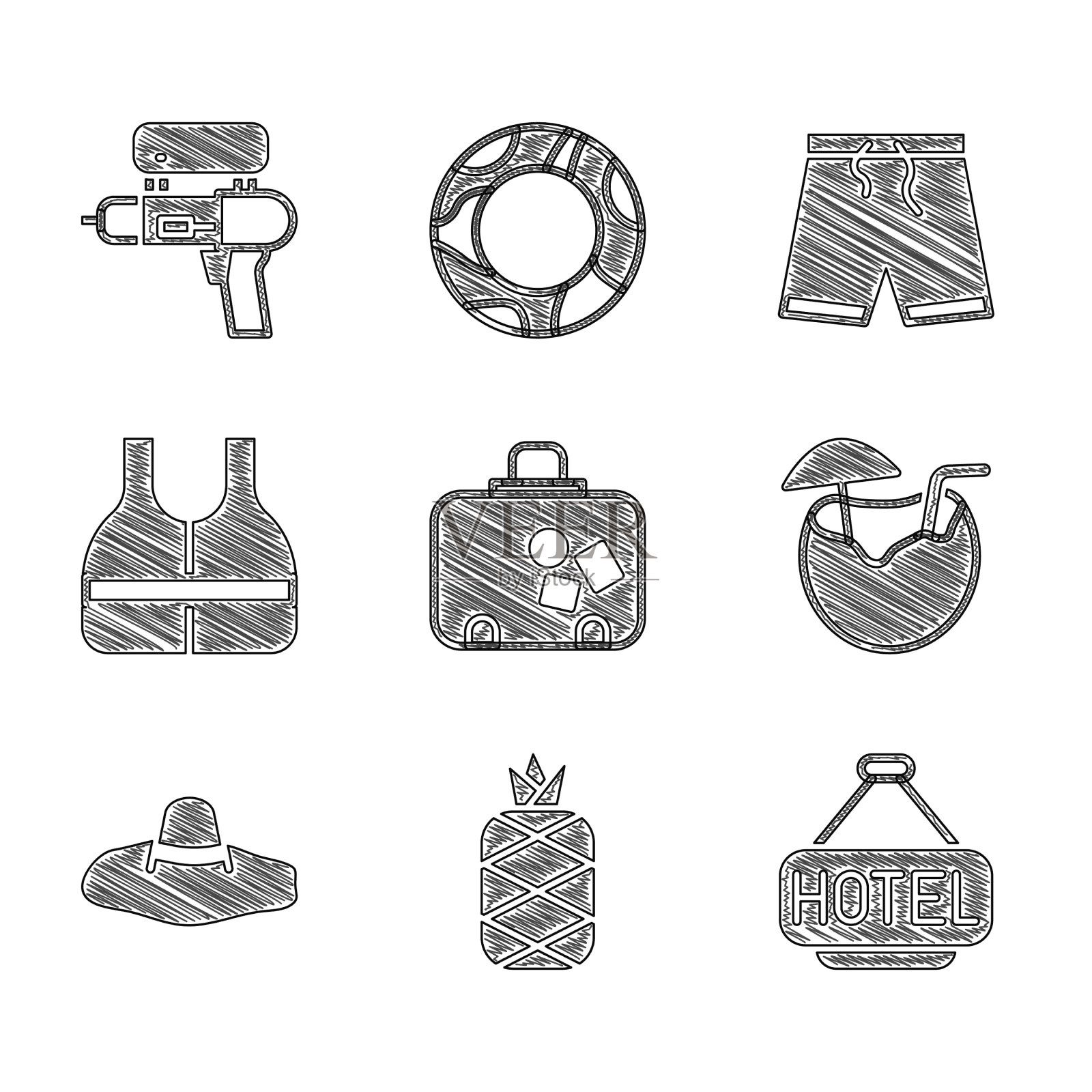 设置旅行箱菠萝招牌与文字酒店图标素材