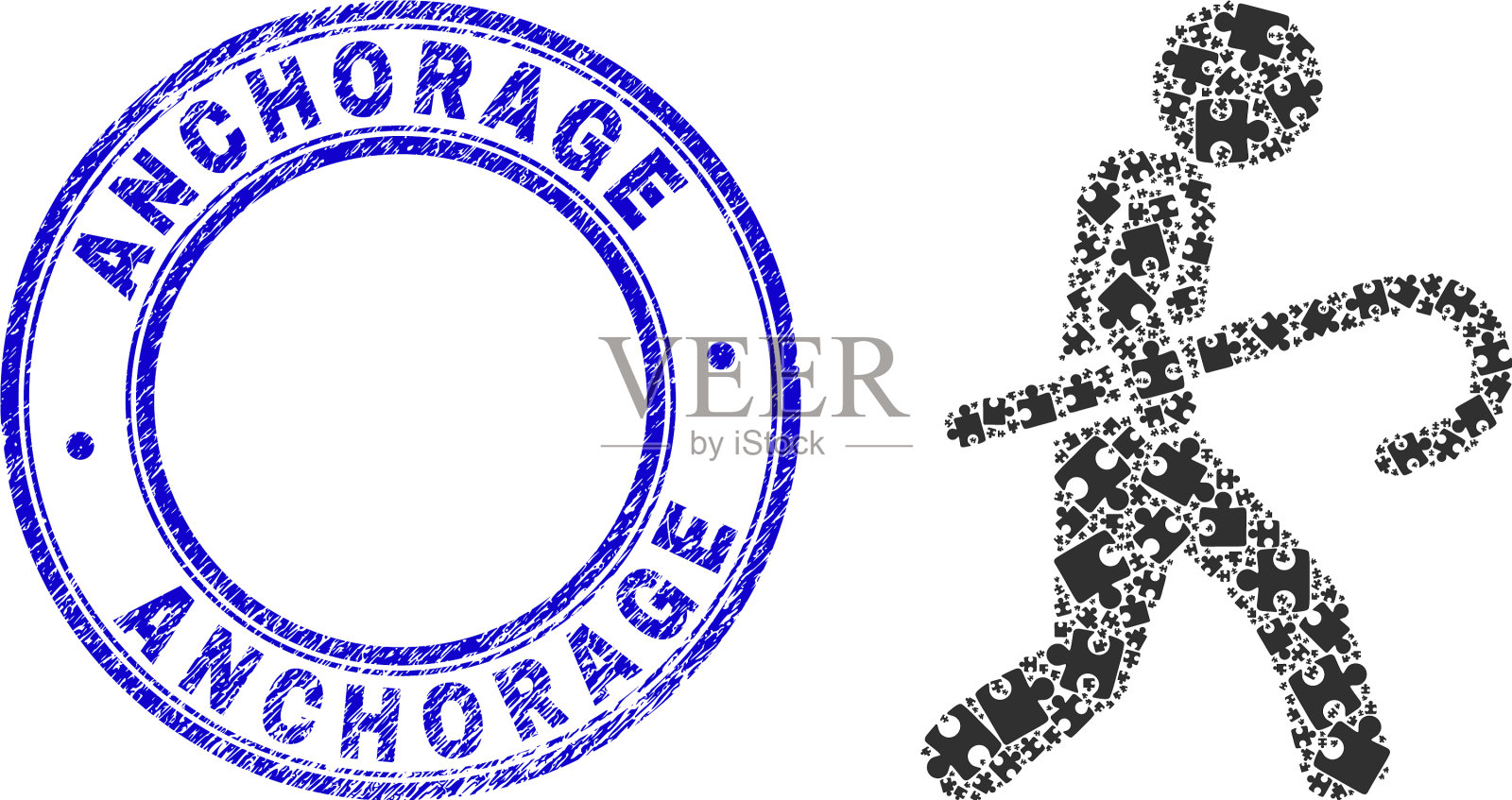 蓝色垃圾锚地邮票和强盗图标马赛克插画图片素材