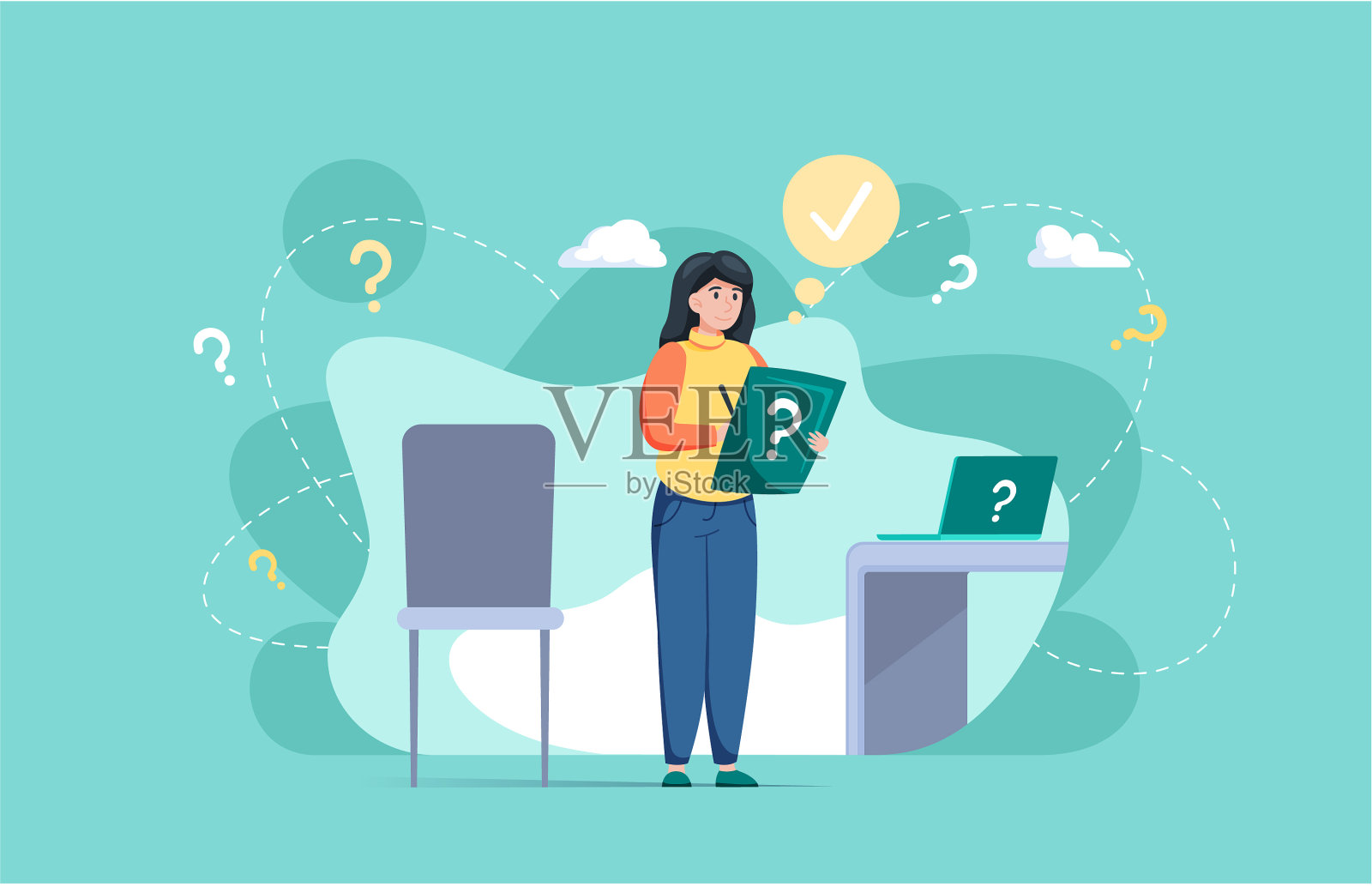 女人做决定时看着问号插画图片素材