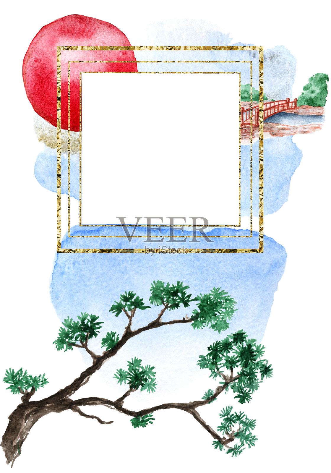 带有植物和建筑的日式花园。水彩插图、海报、横幅,明信片。黄金框架。插画图片素材