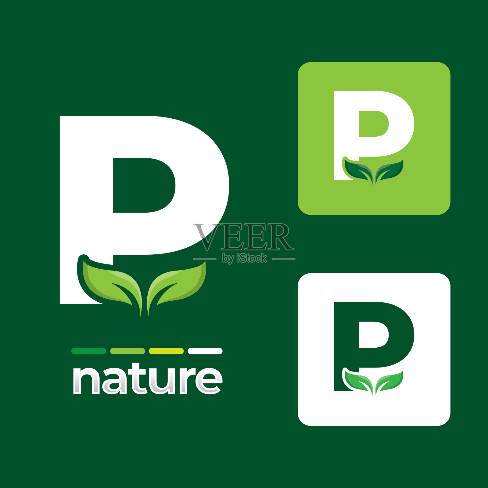 绿叶标志图标设置在字母P插图模板，树叶元素的生态和生物标志插画图片素材