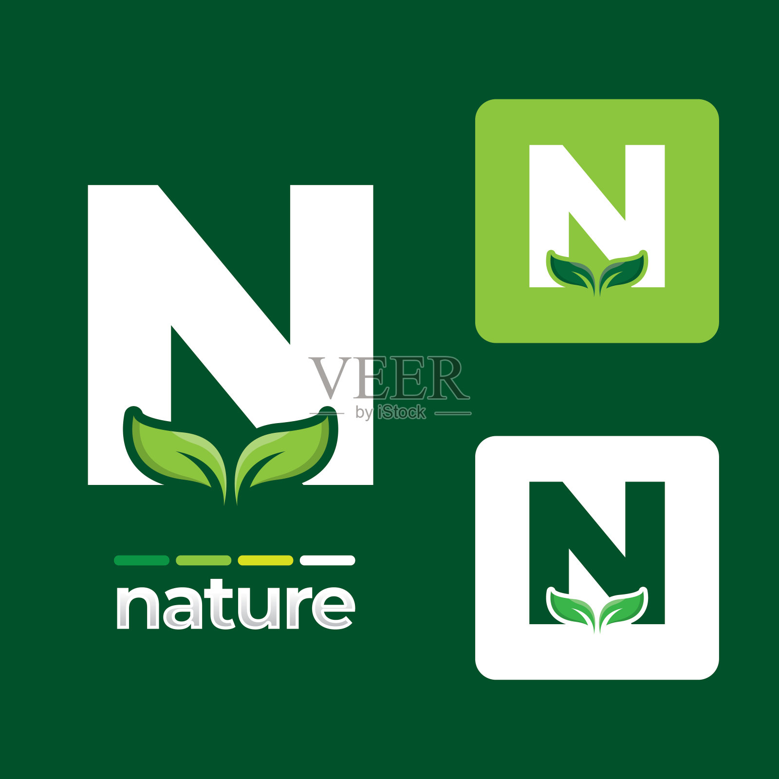 绿叶标志图标设置在字母N插图模板，树叶元素的生态和生物标志插画图片素材