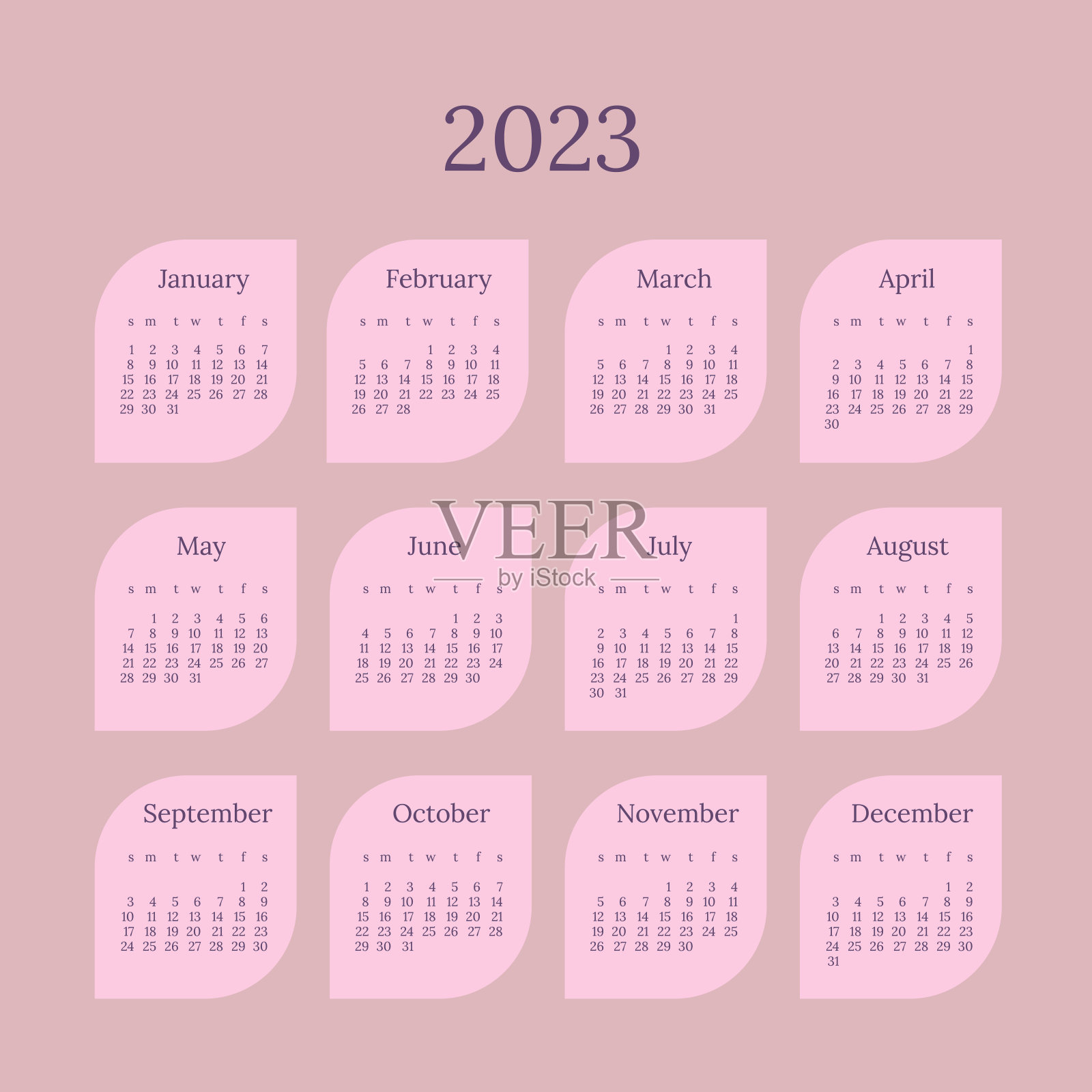 2023年兔年的日历以精致的粉红色和淡紫色调呈现设计模板素材