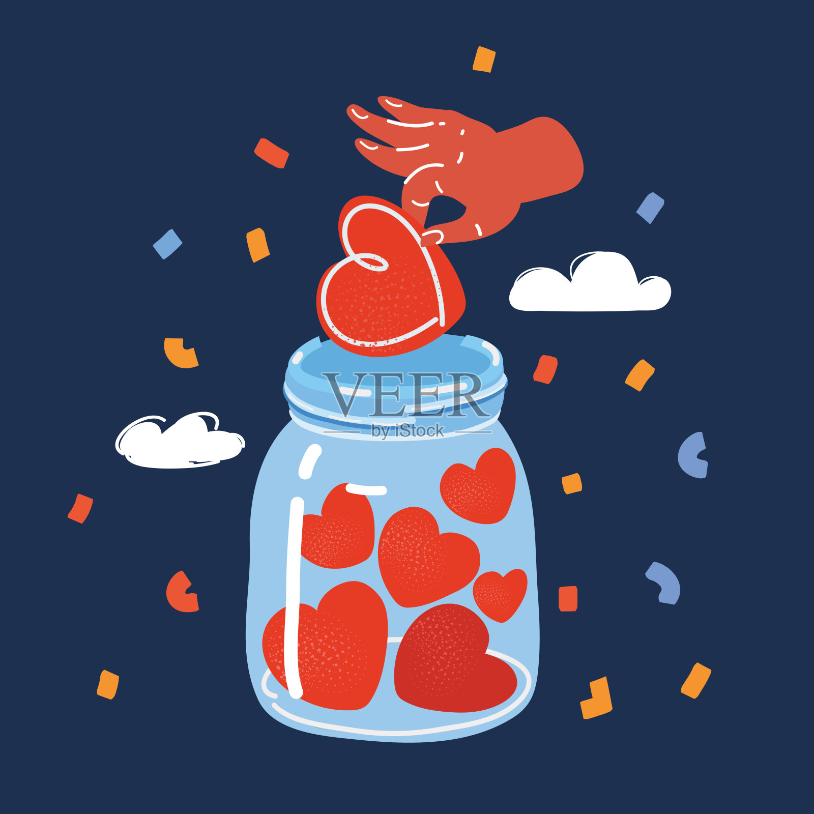 矢量插图玻璃罐充满了心和手把另一个到它在黑暗的背景。插画图片素材