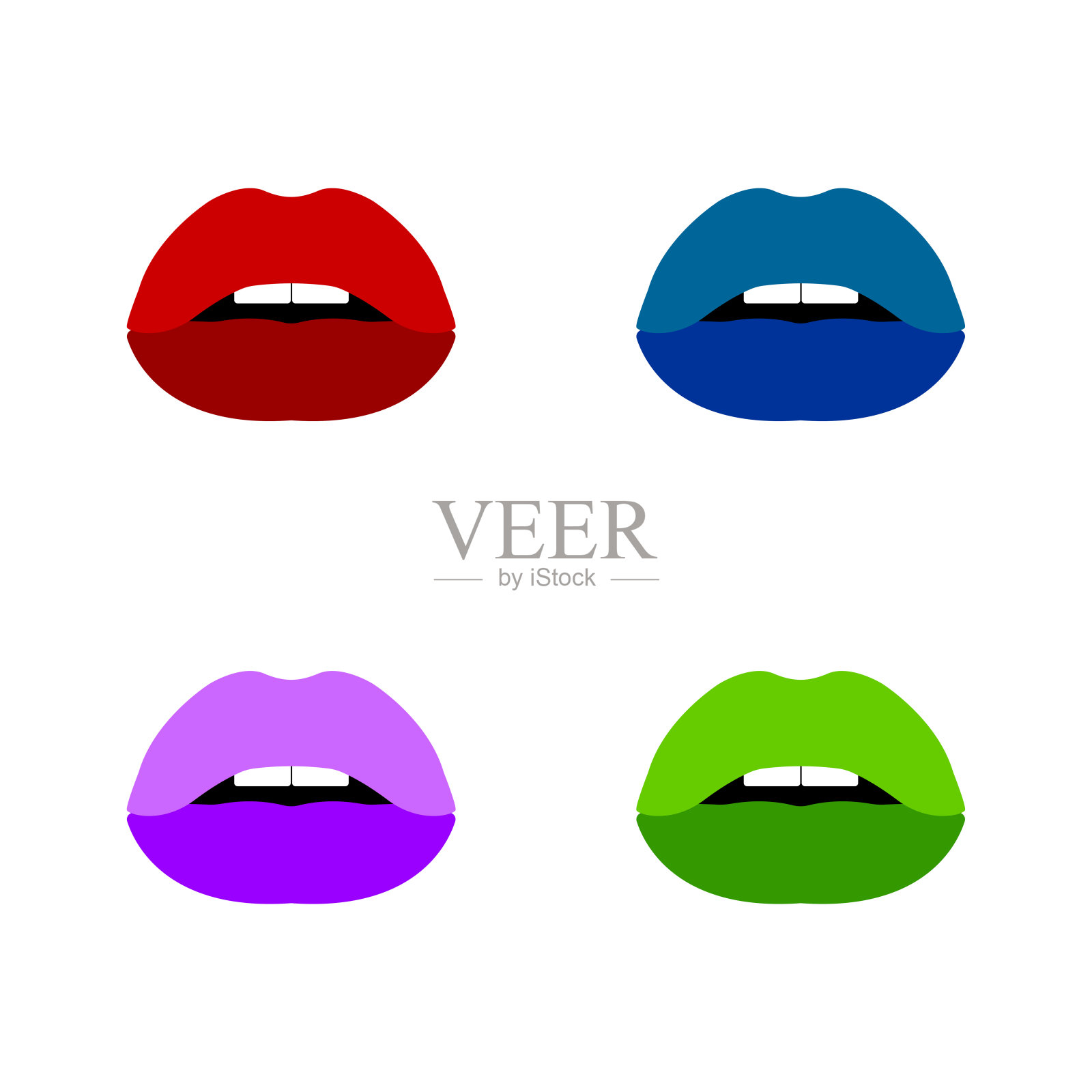 矢量图像的嘴唇在红色，蓝色和紫色和绿色的颜色。波普艺术的嘴唇。设计元素图片