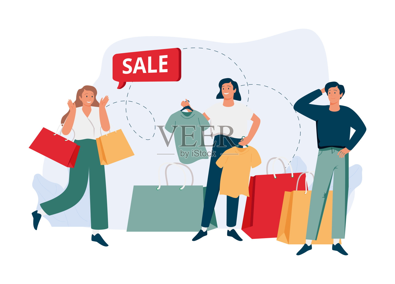 现代男女拎着购物袋走在一起。微笑着的年轻人们带着买回来的东西。插画图片素材