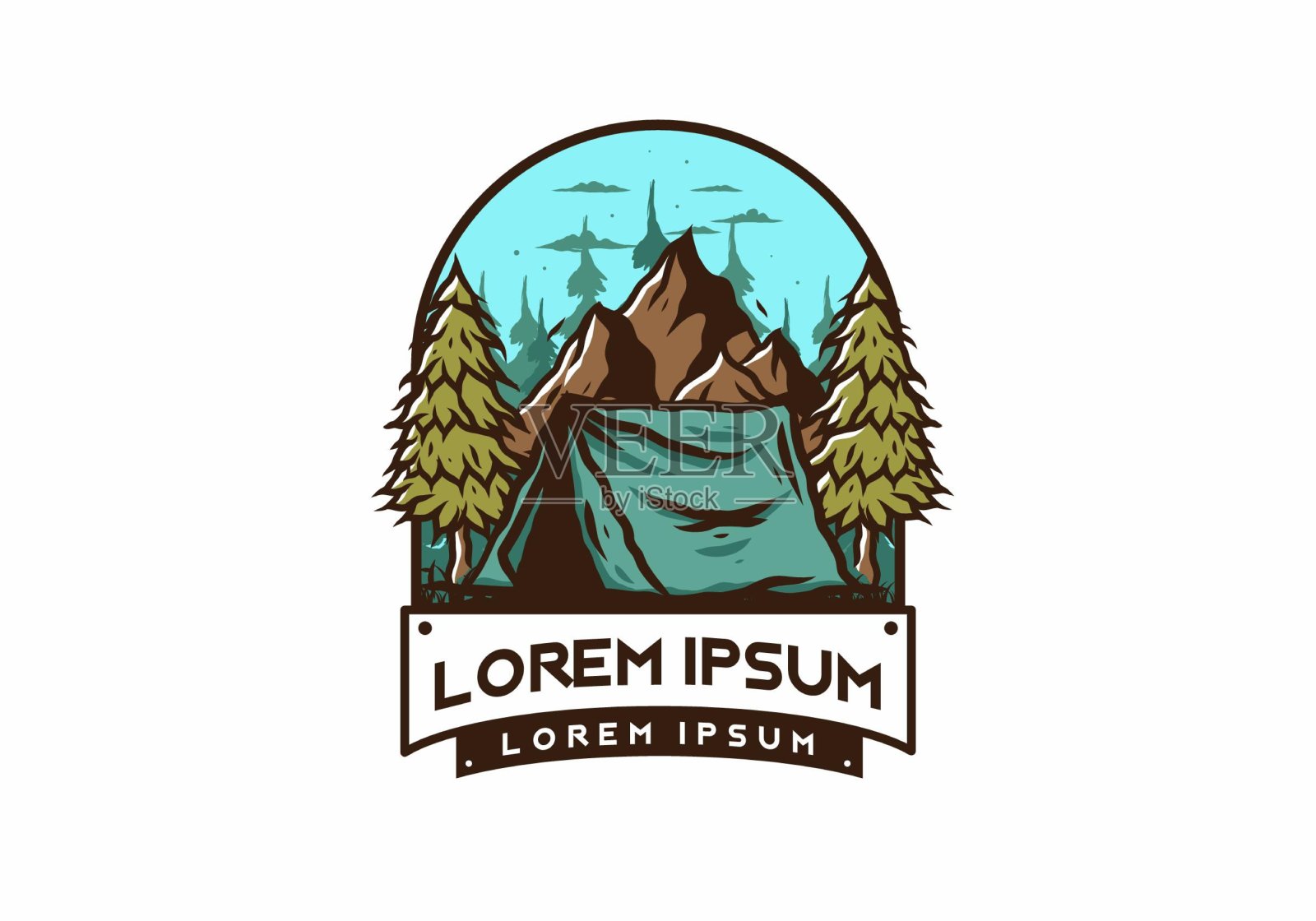 露营帐篷在山前和松树之间插画图片素材