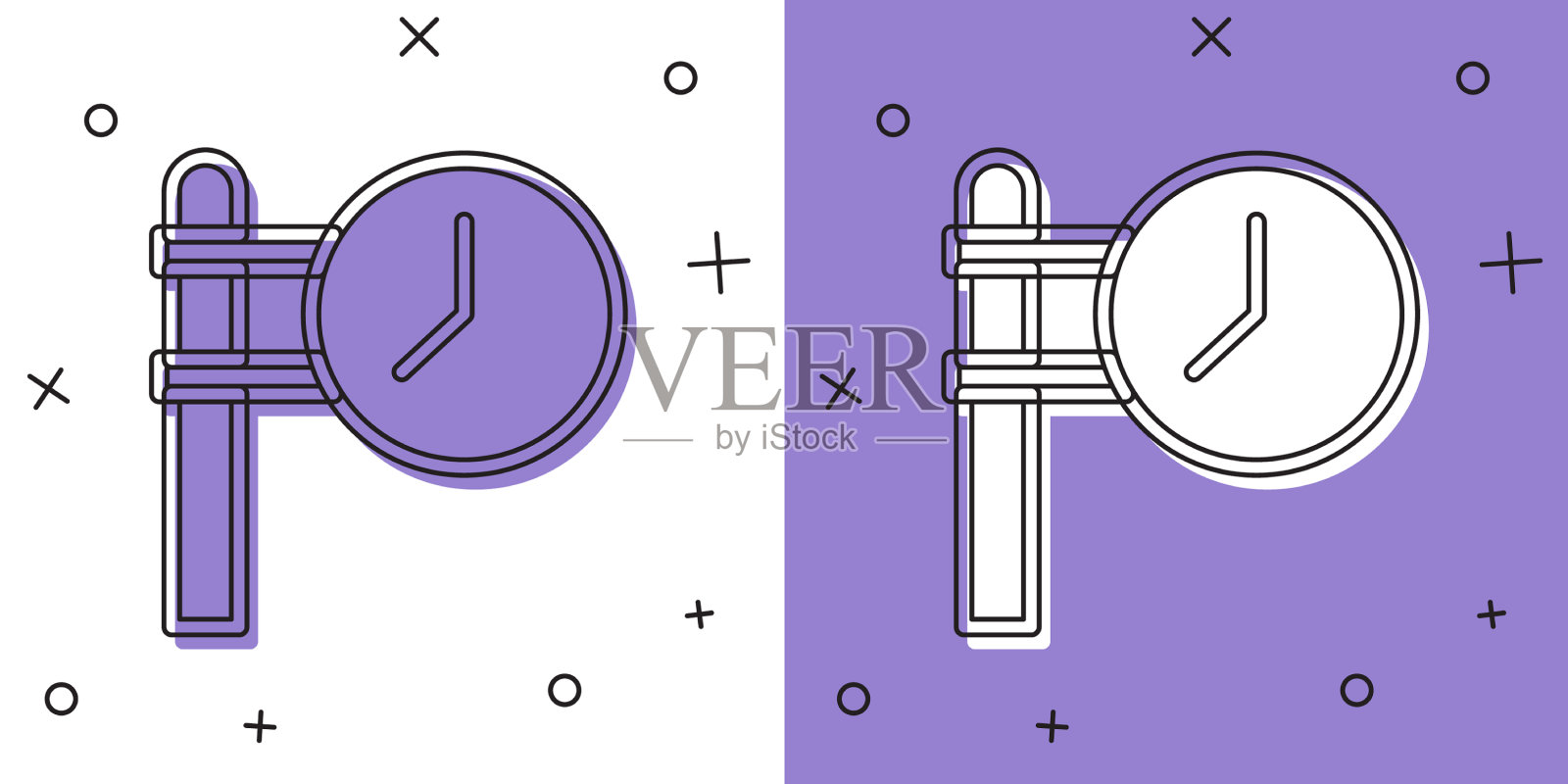 设置火车站时钟图标孤立在白色和插画图片素材