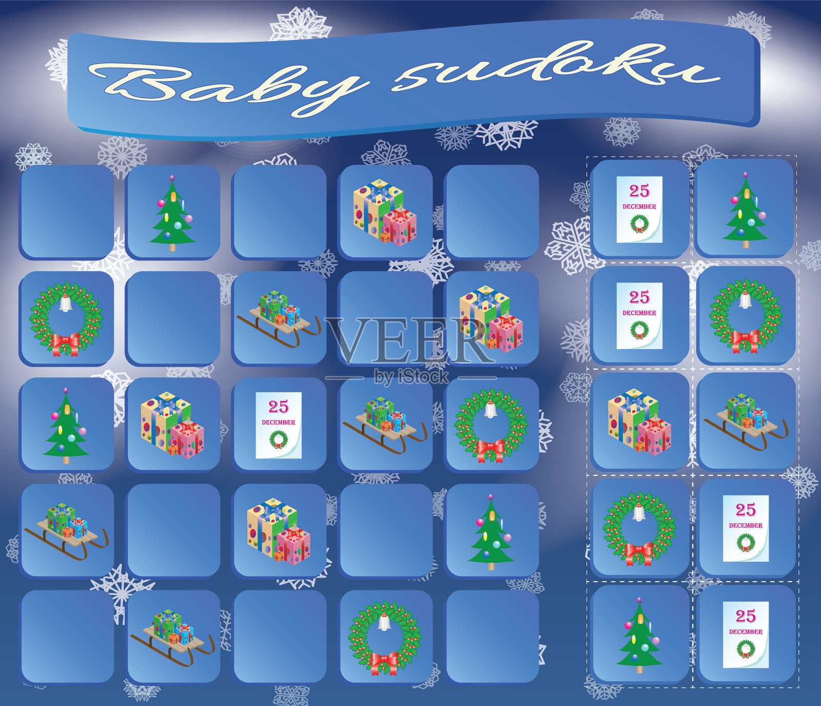 宝宝数独与五颜六色的圣诞符号插画图片素材