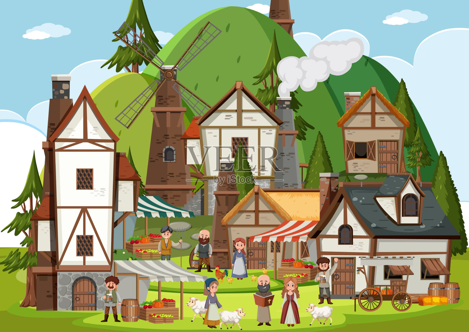 与村民一起的中世纪小镇场景插画图片素材