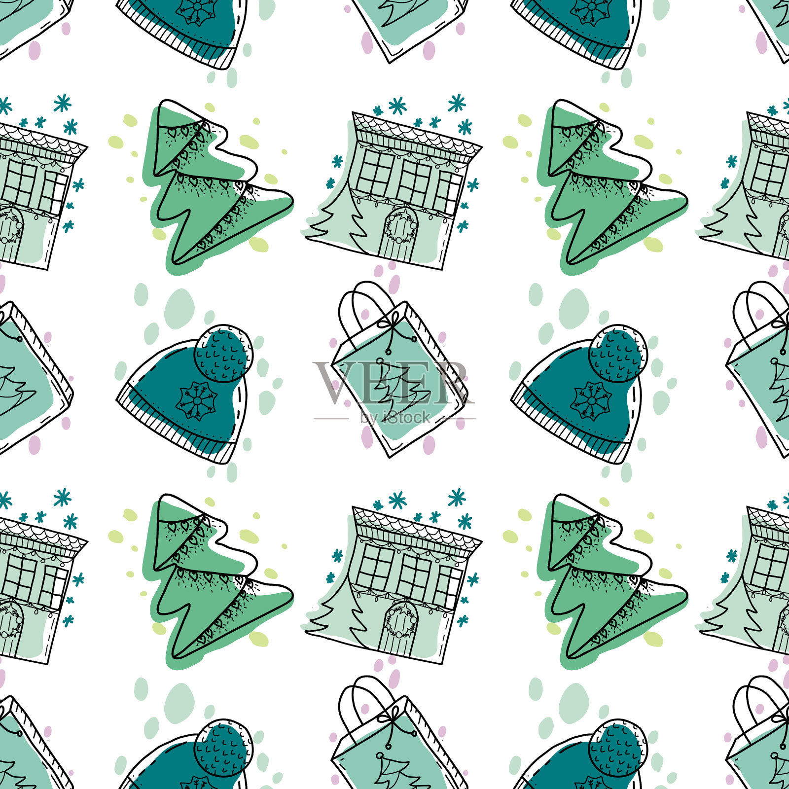 圣诞节无缝图案涂鸦风格可爱插画图片素材