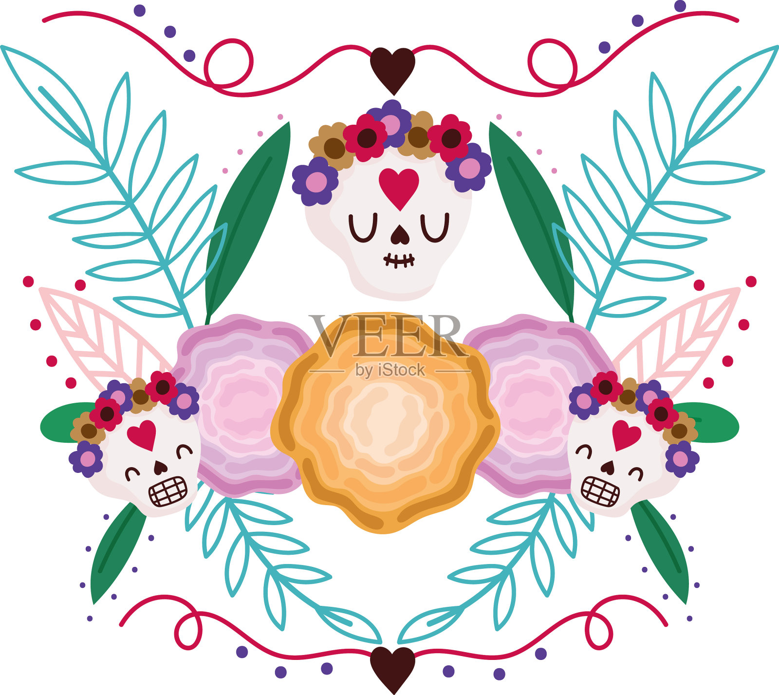 墨西哥头骨和鲜花设计元素图片