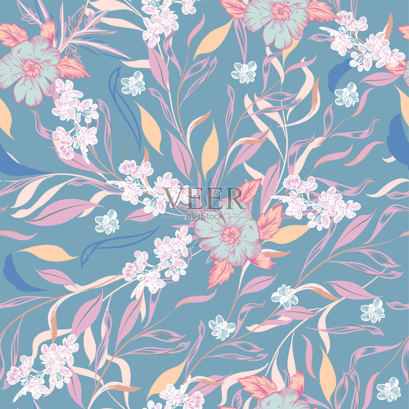 美丽的花卉图案与叶子设计插画图片素材