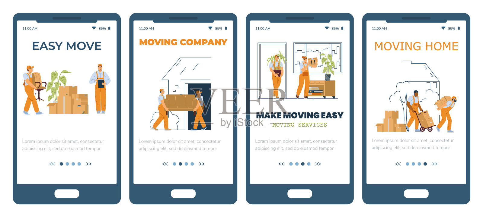 家庭搬家公司onboarding screen kit flat插画图片素材