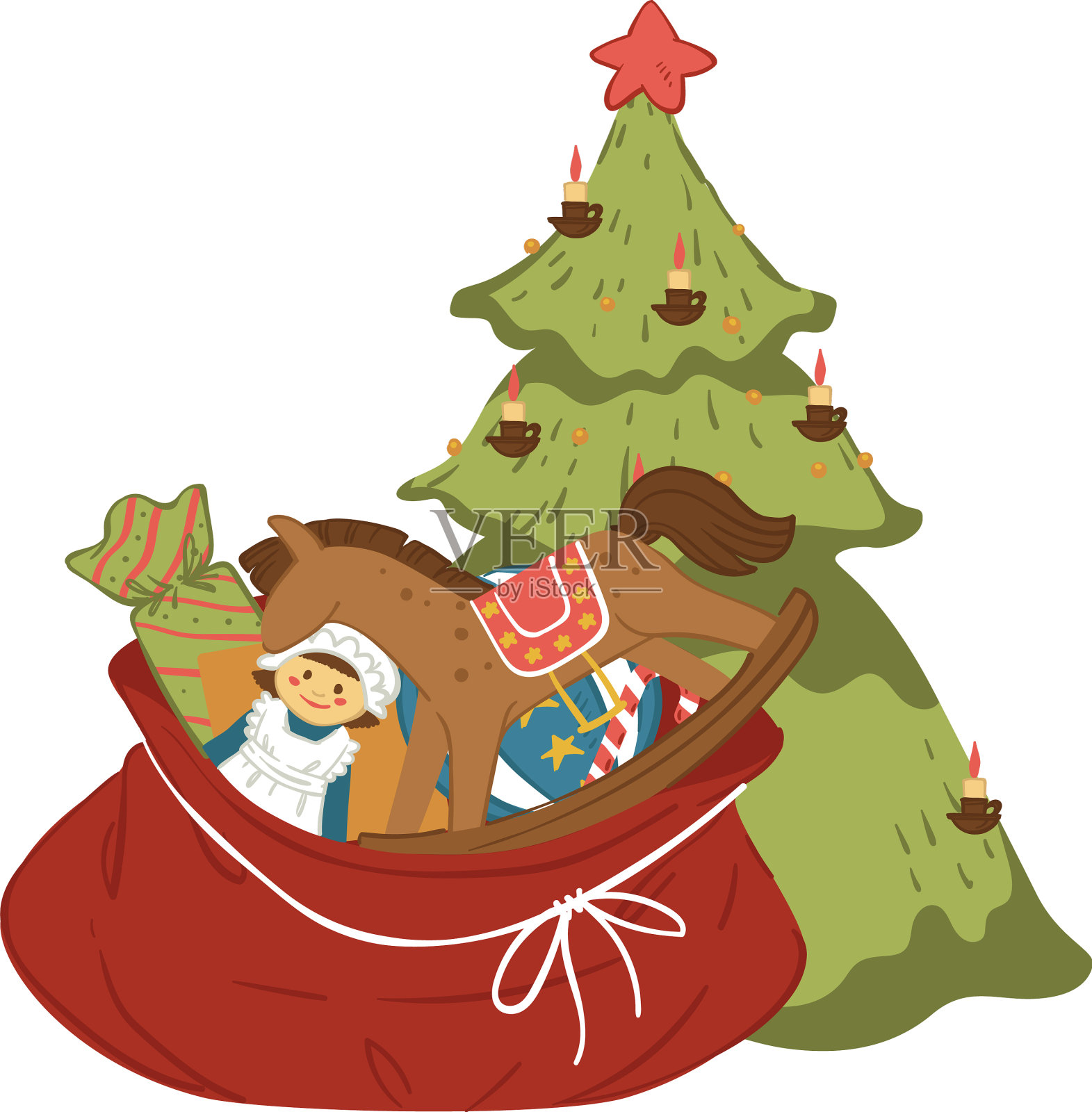 顶上有星星的松树，装着礼物设计元素图片