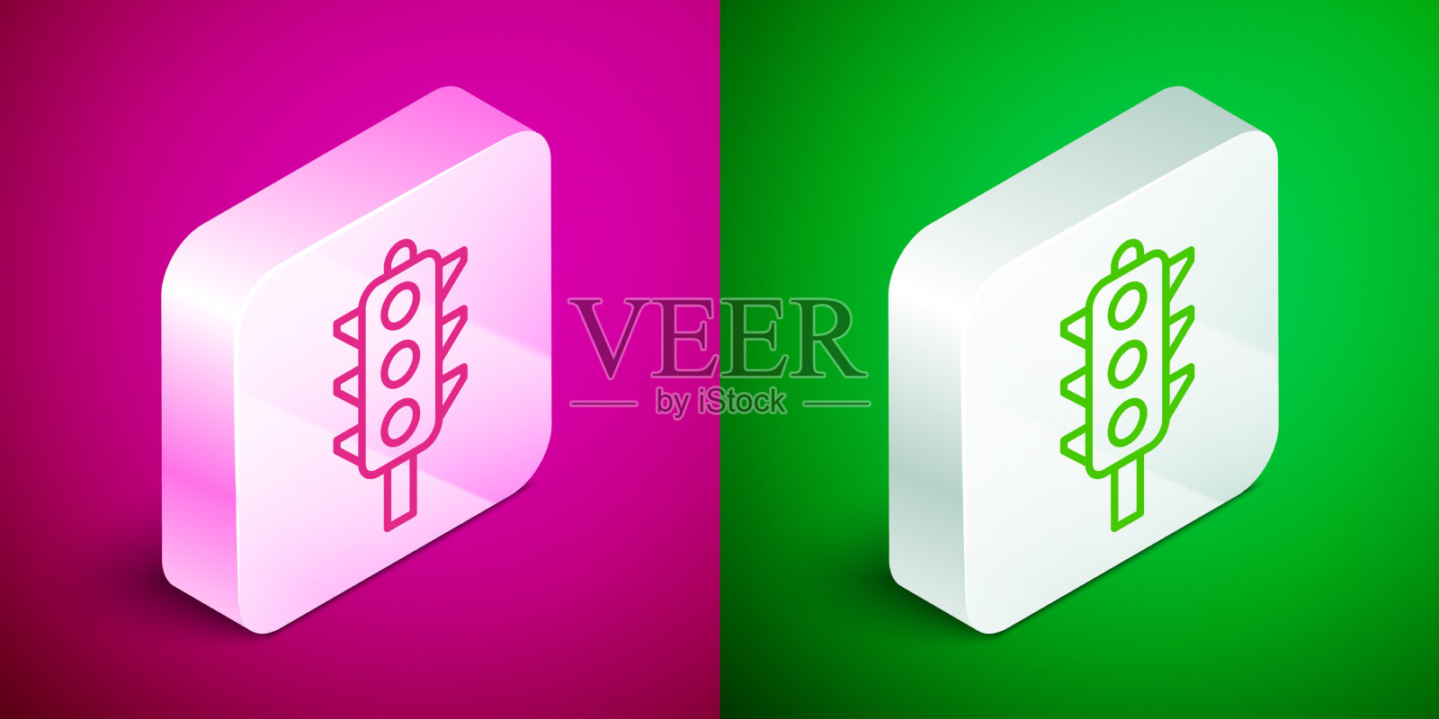 等距线交通灯图标孤立在粉红色图标素材