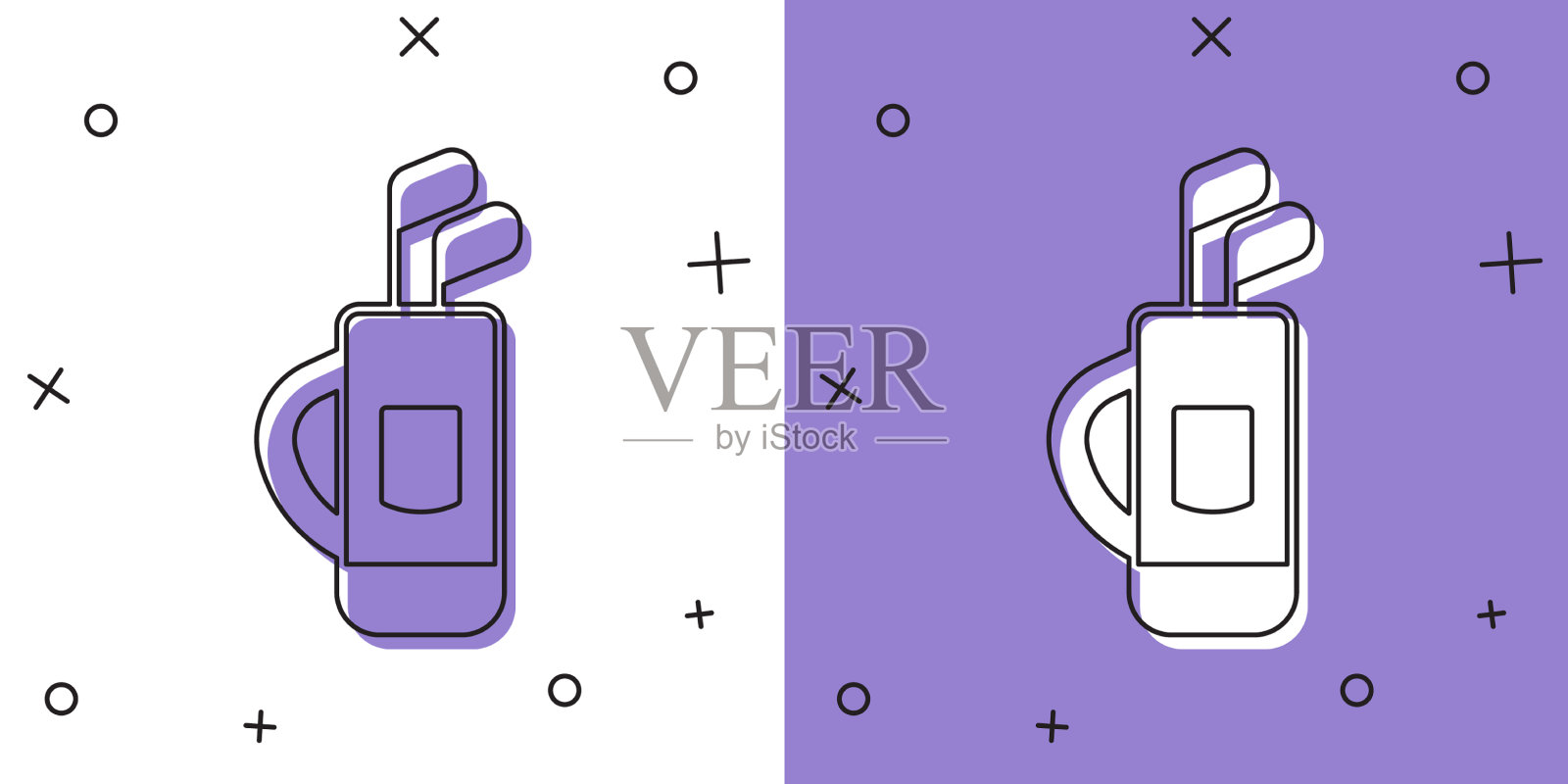 设置高尔夫球袋与俱乐部图标孤立在白色和插画图片素材