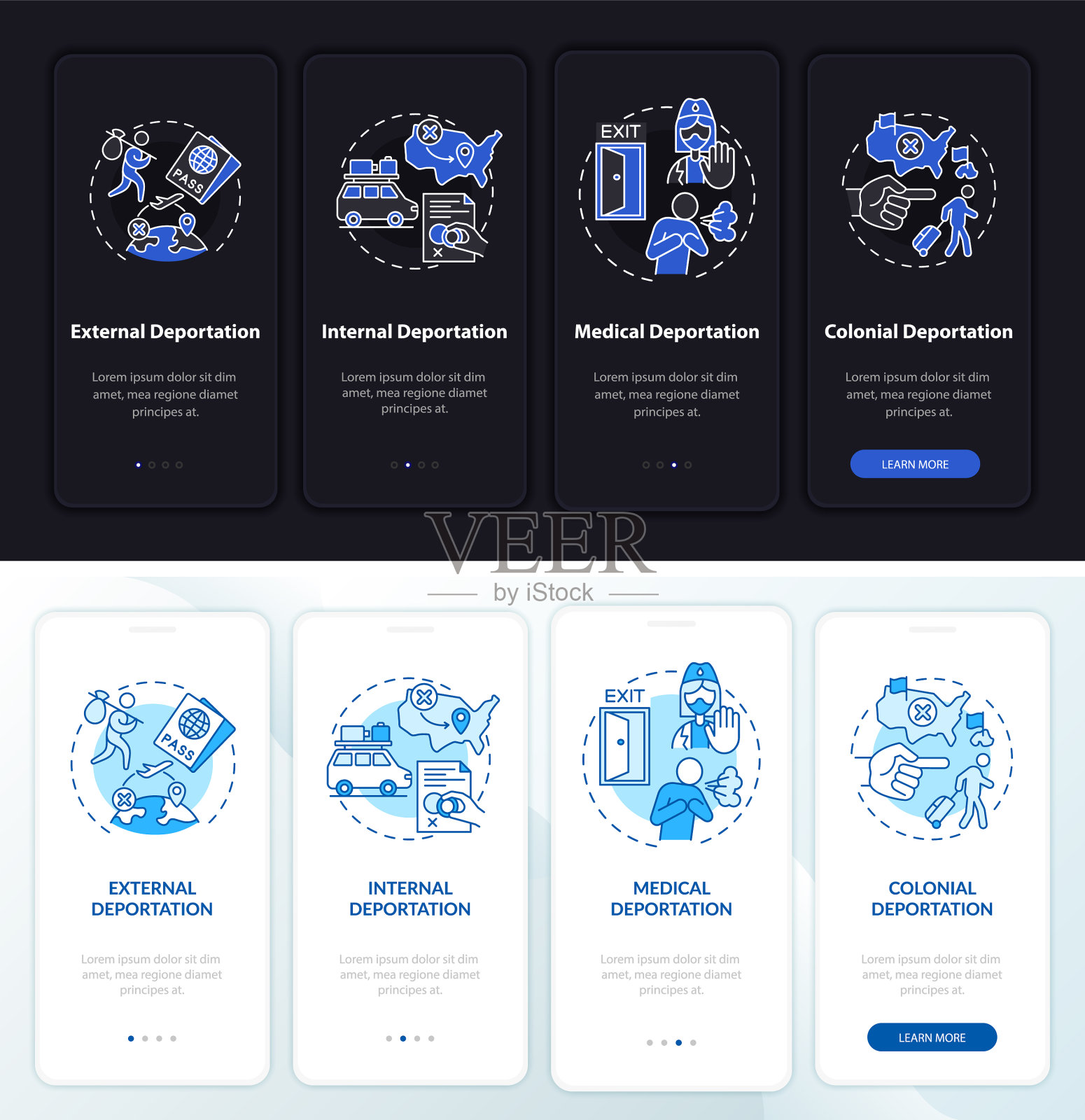 不同的出境登机手机应用程序页面插画图片素材