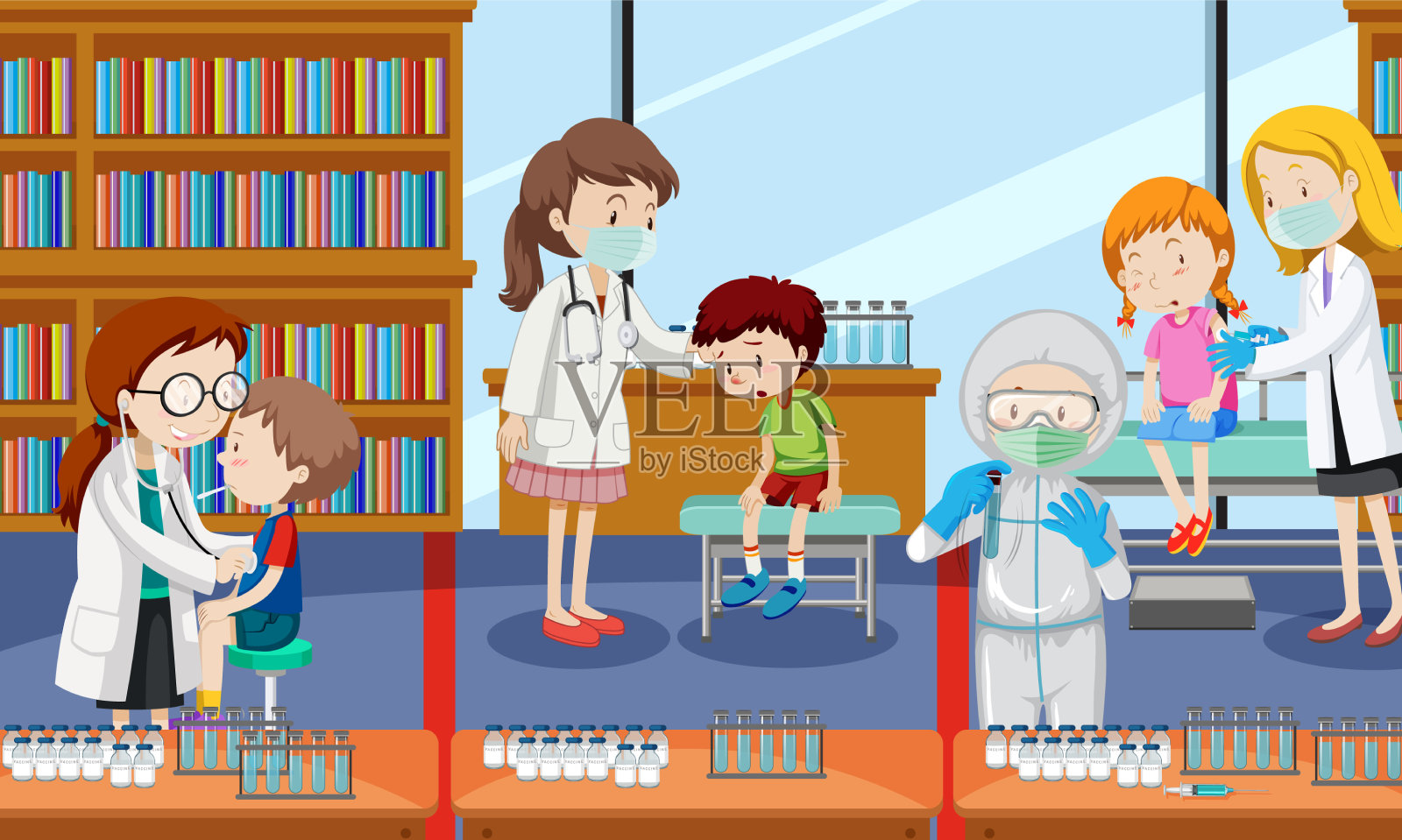 很多孩子接种了新冠疫苗插画图片素材
