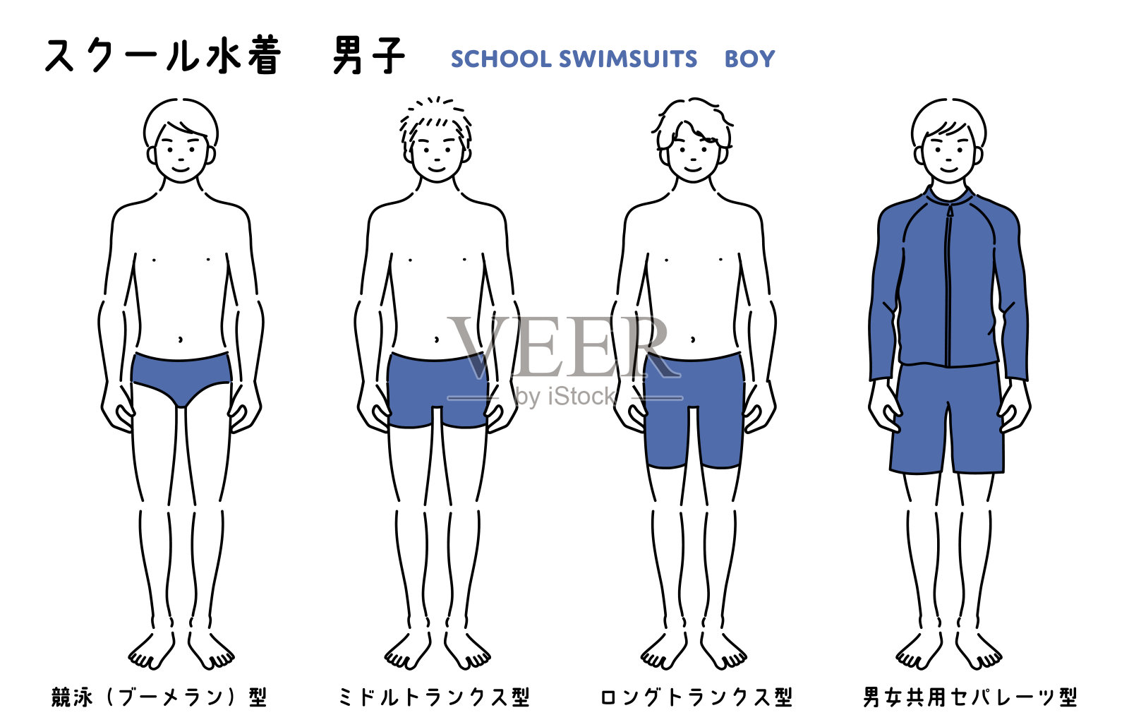 简单的插图男学生穿着各种学校泳衣插画图片素材
