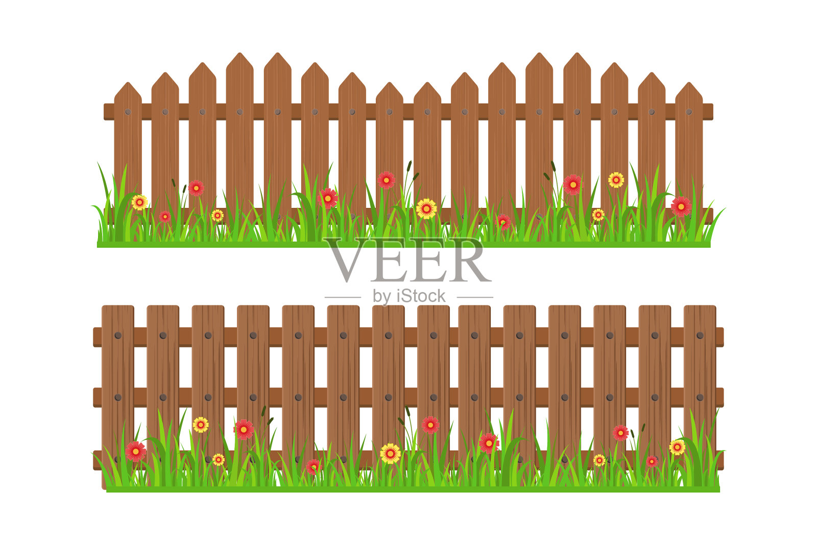 木制栅栏和草坪设计插画图片素材