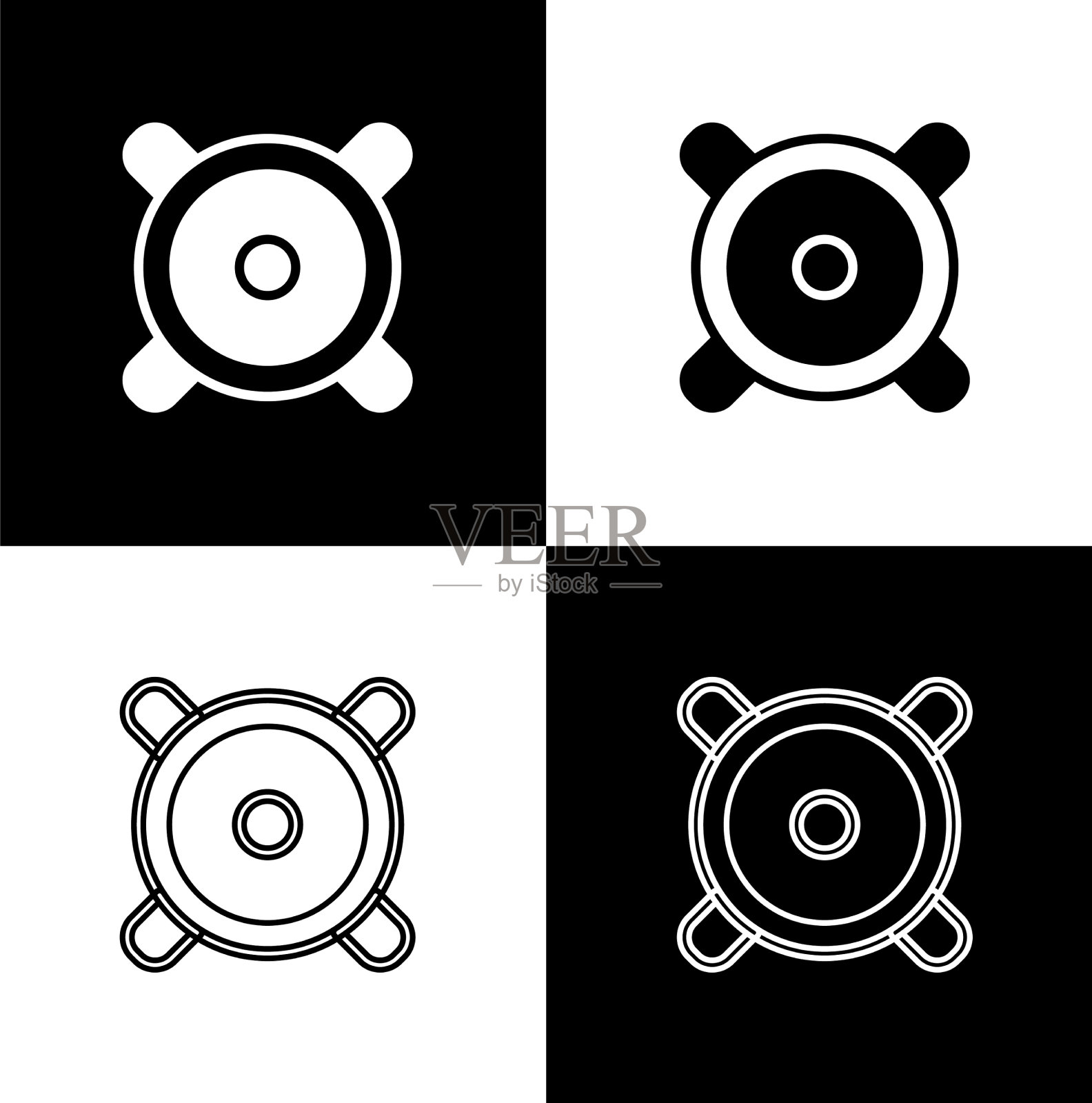 设置立体声扬声器图标孤立在黑色和图标素材