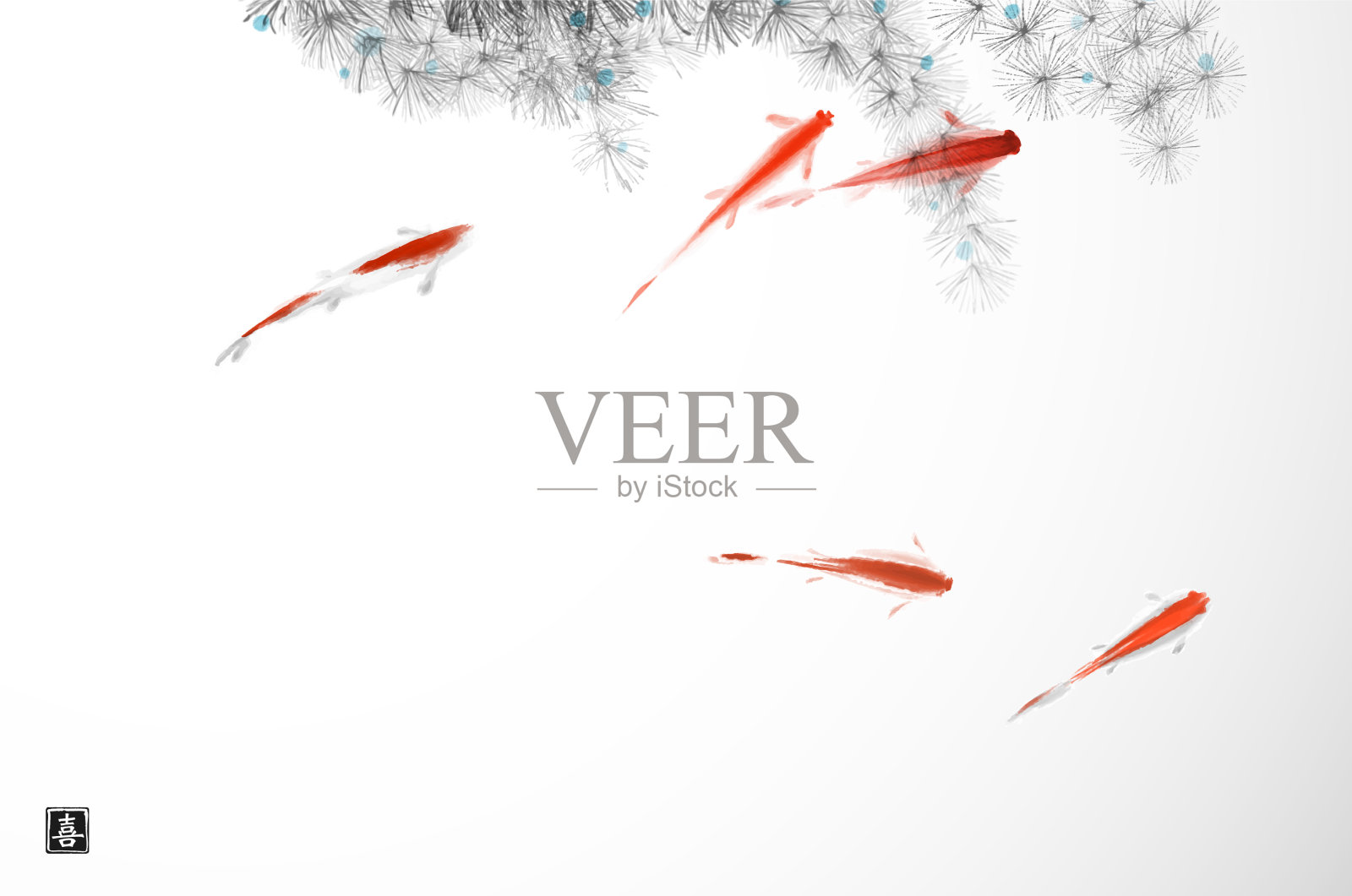 白色背景下的红色小鱼和海藻插画图片素材