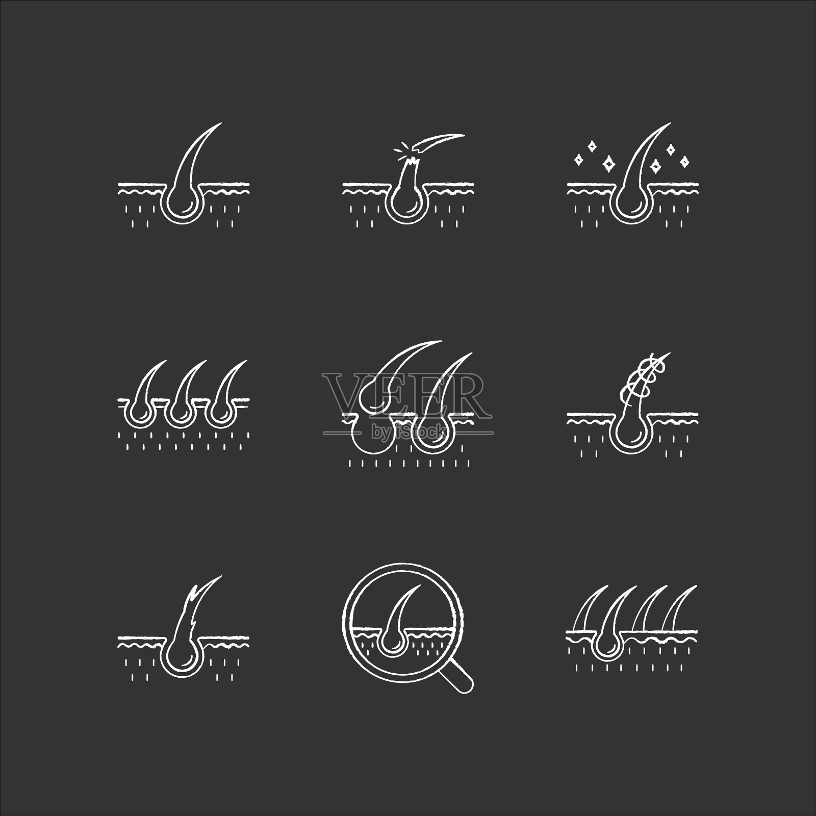 脱发粉笔白色图标设置在黑色图标素材