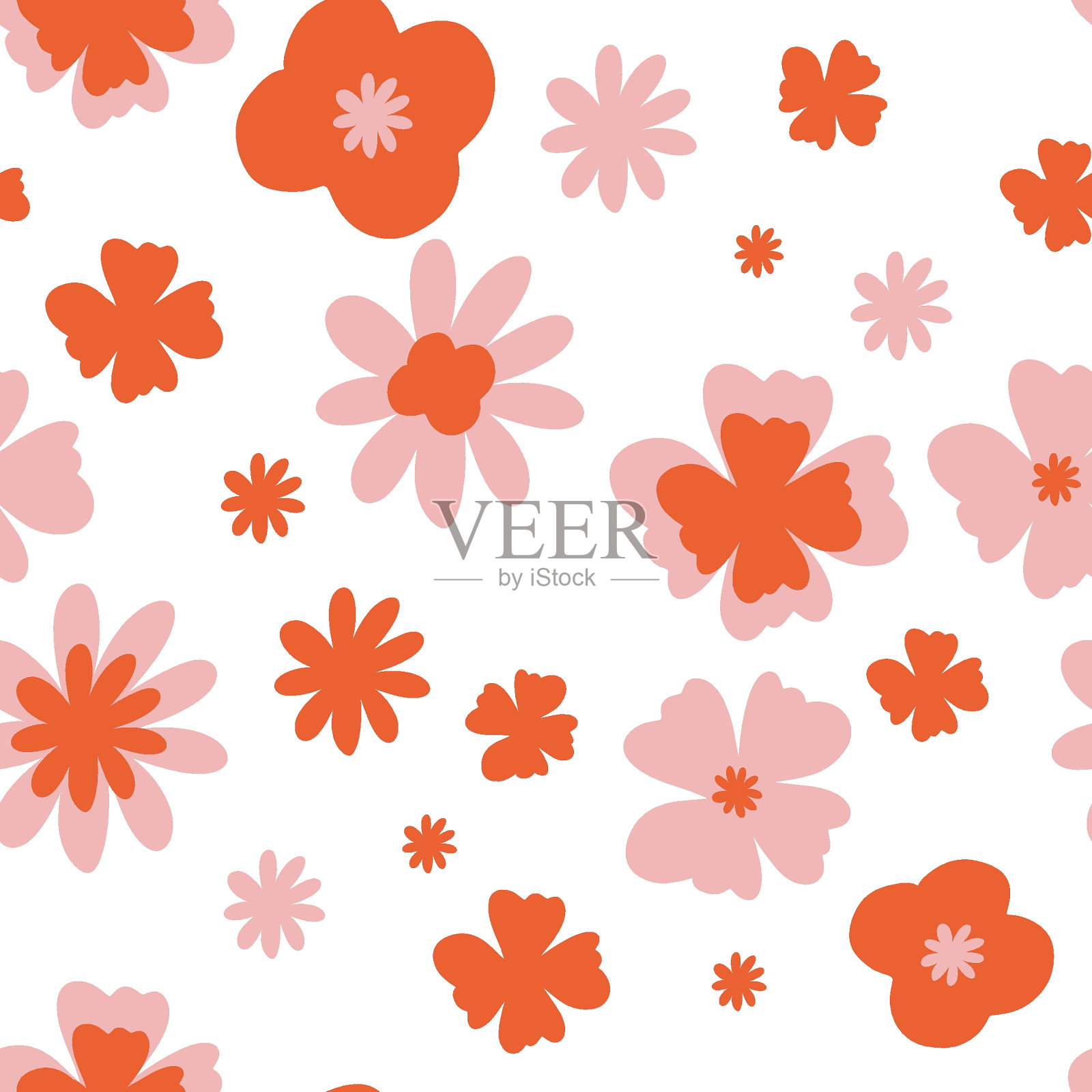 70年代复古花卉图案。无缝复古背景。Groovy朴素的花朵图案粉红色和红色插画图片素材