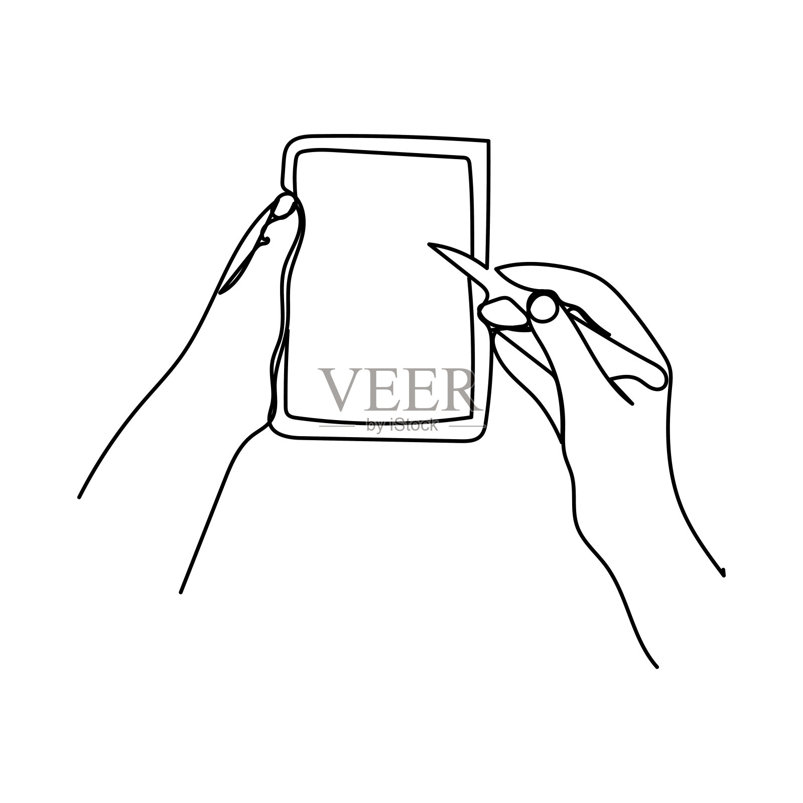 连续用一条线画握着手机或智能手机的手。移动电话，技术，小工具，通信，设备，电话，显示，电子，手，智能手机，手掌矢量插图在白色背景插画图片素材