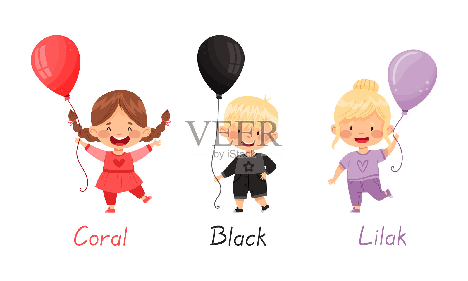 可爱的孩子们拿着不同颜色的气球插画图片素材