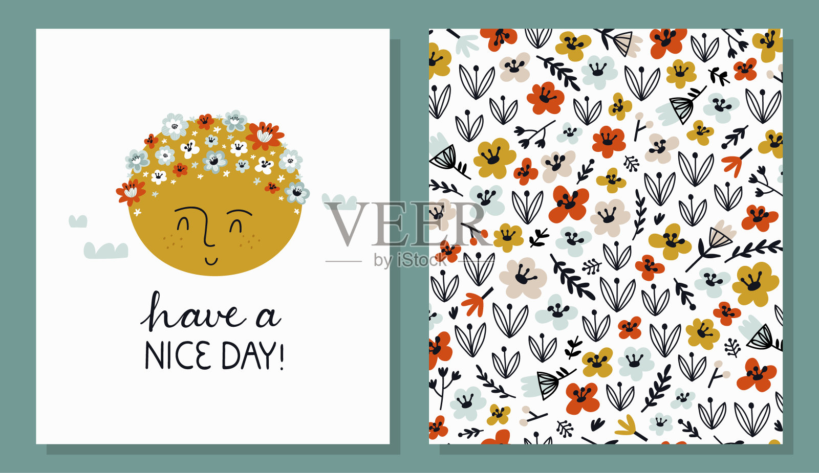 卡通矢量集无缝花卉图案和贺卡。设计模板素材