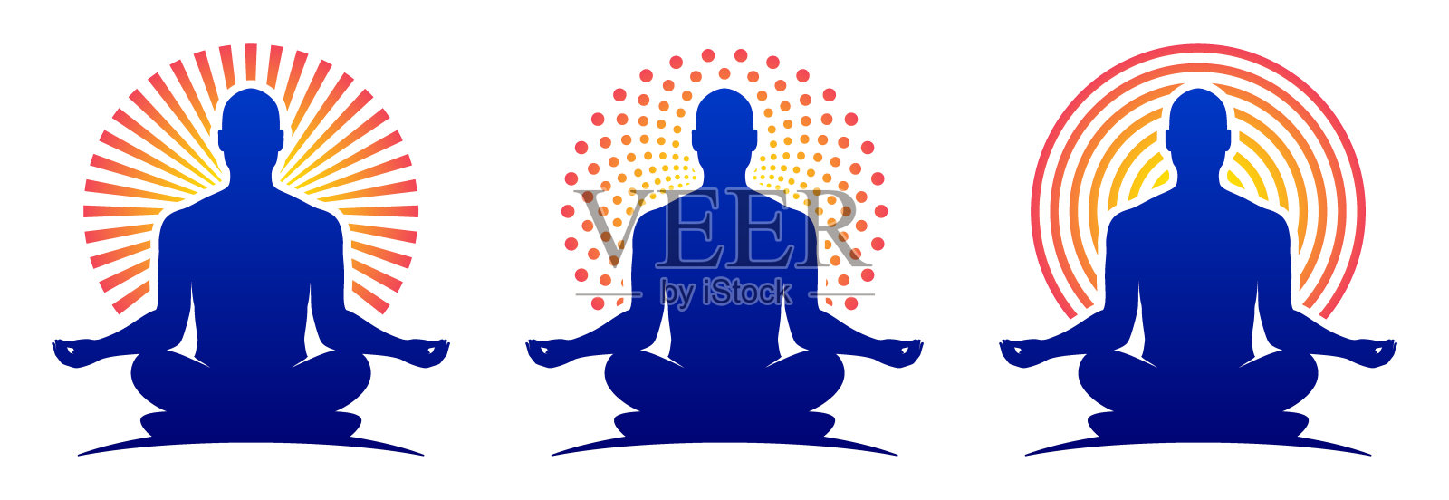 男子瑜伽标志矢量模板。在圆形的太阳光环下，以莲花禅意的姿势放松人体插画图片素材