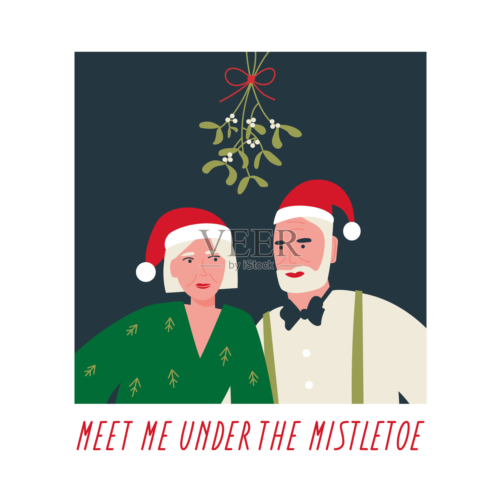 一对老夫妇站在槲寄生下插画图片素材