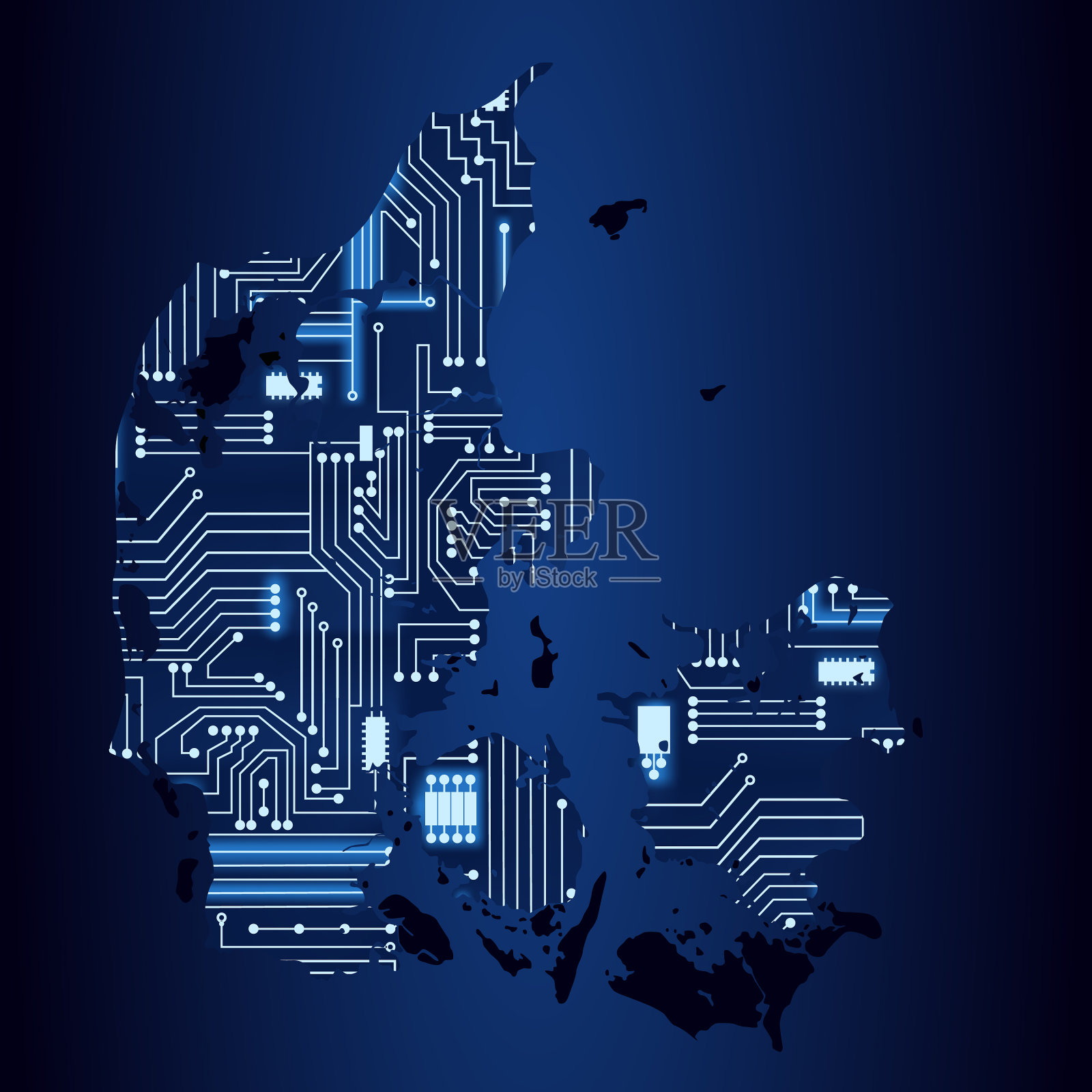 带有电子线路的丹麦地图插画图片素材