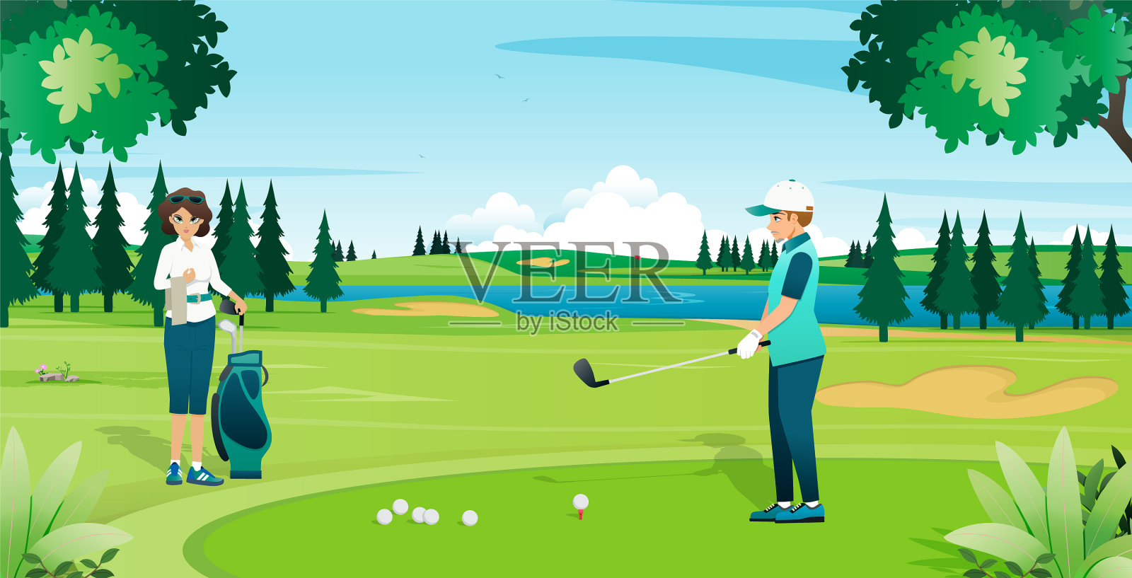 高尔夫球练习开车插画图片素材