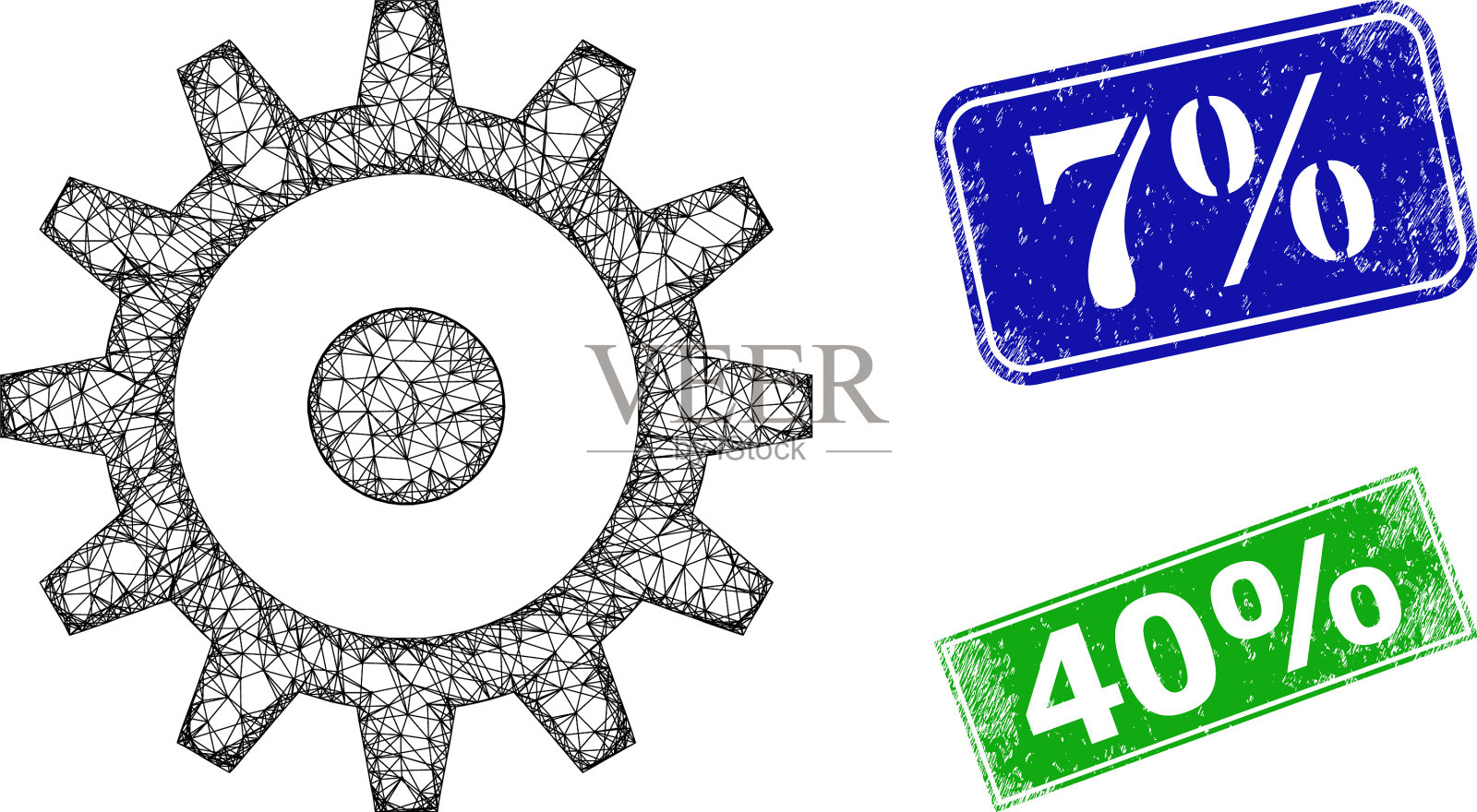 破旧的7%徽章和三角网格齿轮插画图片素材