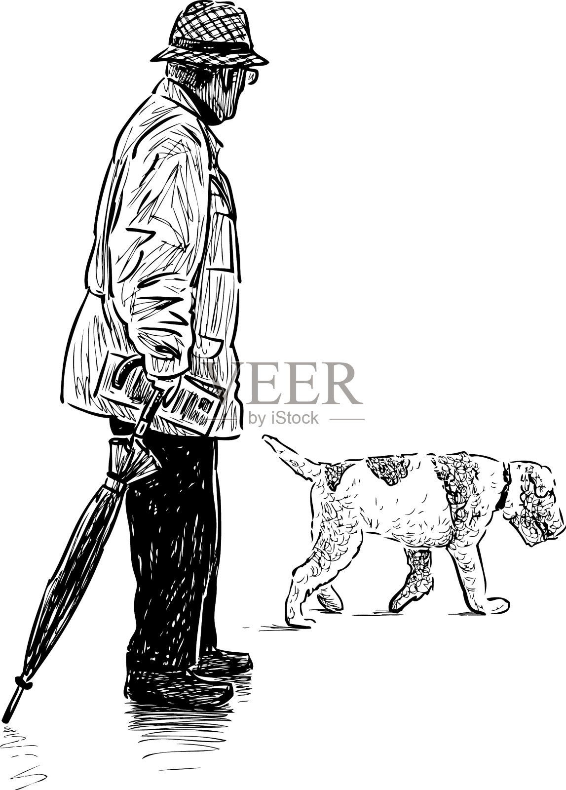 一个戴着帽子带着伞的老人的素描设计元素图片