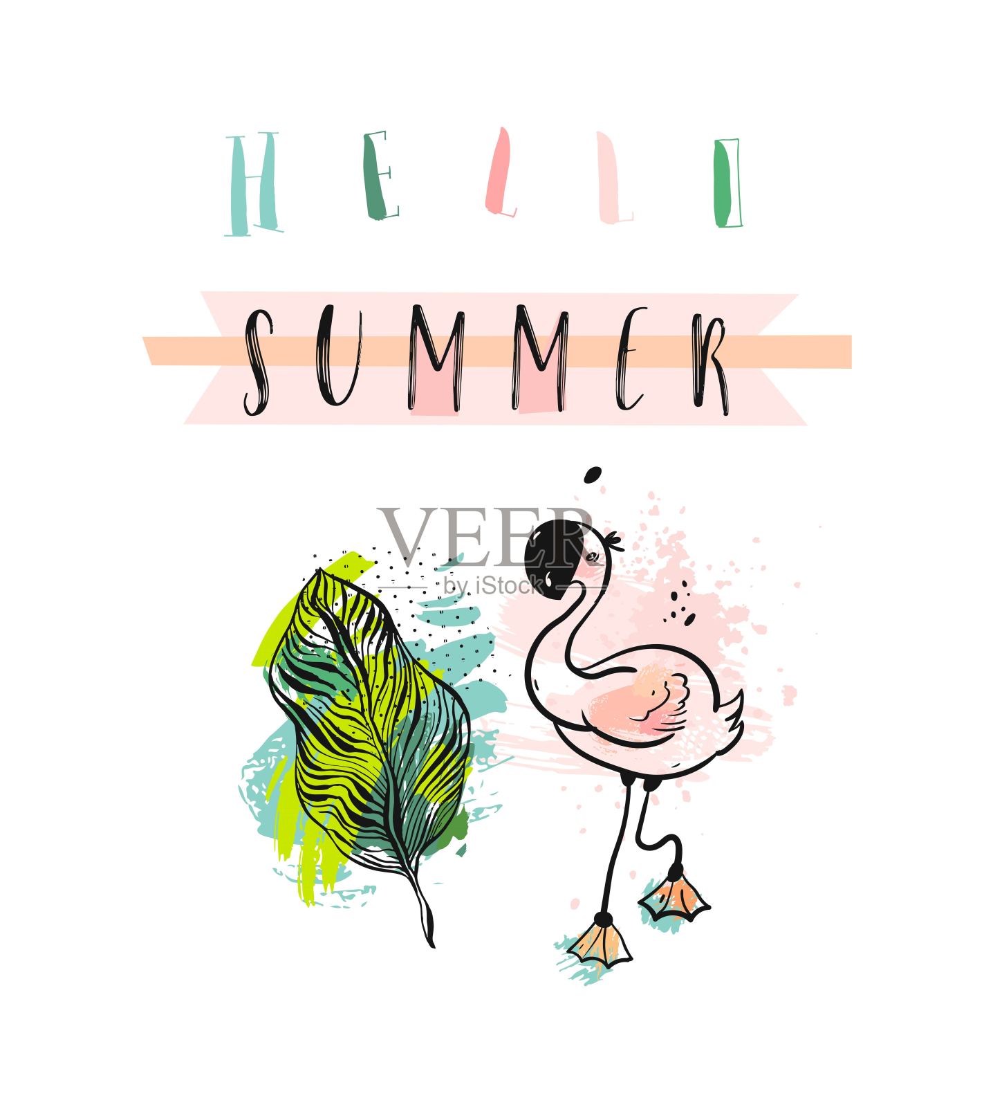手绘矢量抽象创意有趣可爱的夏季插图粉红色火烈鸟，热带棕榈叶和现代书法引用你好夏天在粉彩孤立在白色背景上的颜色插画图片素材